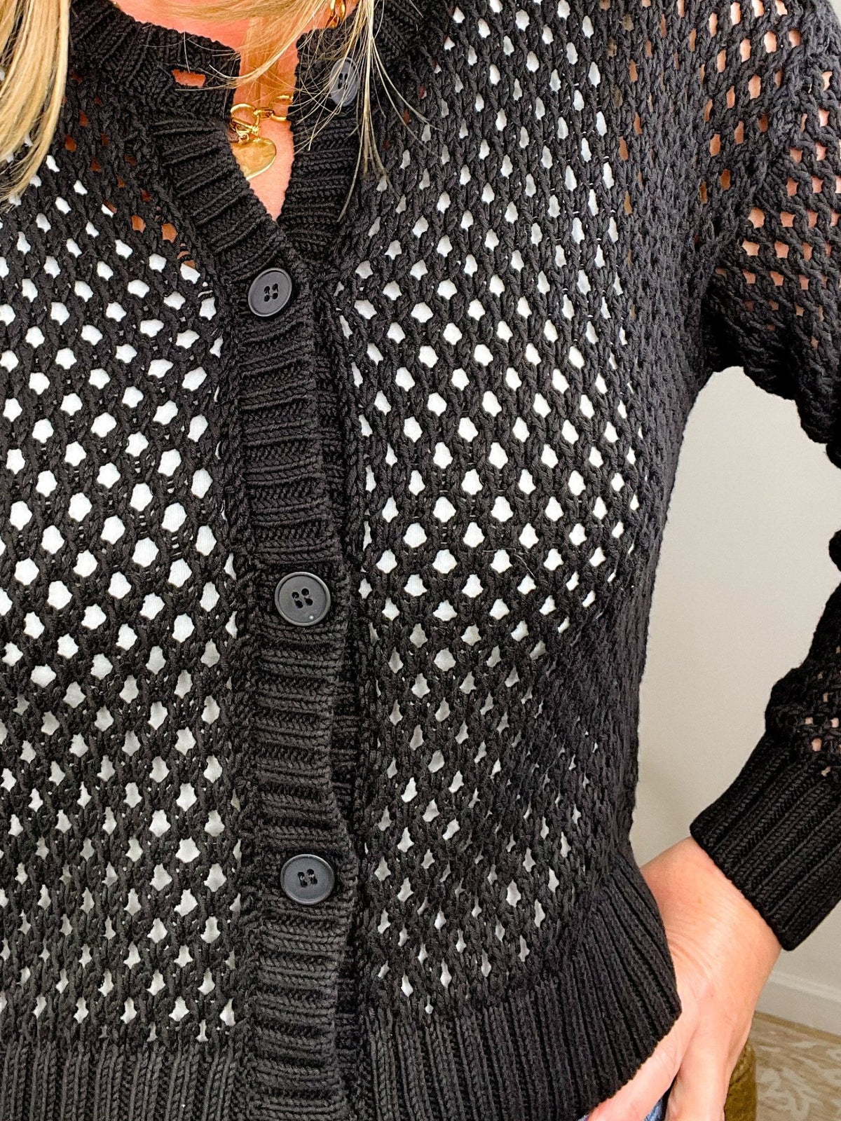 Boho Cropped Crochet Cardigan Sweater - Black - Lavender HillsZenanaTW-2564Y-BLK-S