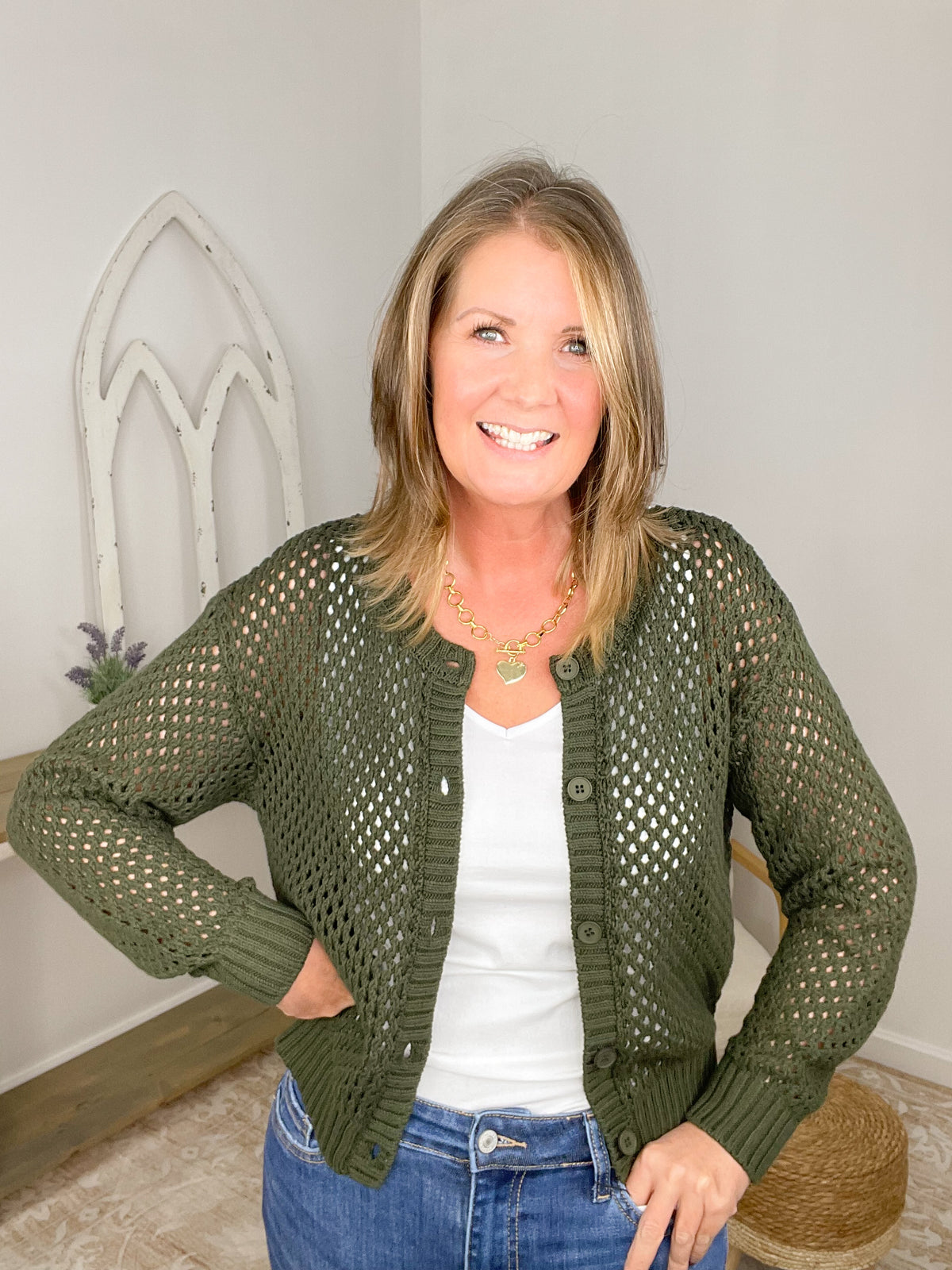 Boho Cropped Crochet Cardigan Sweater - Olive