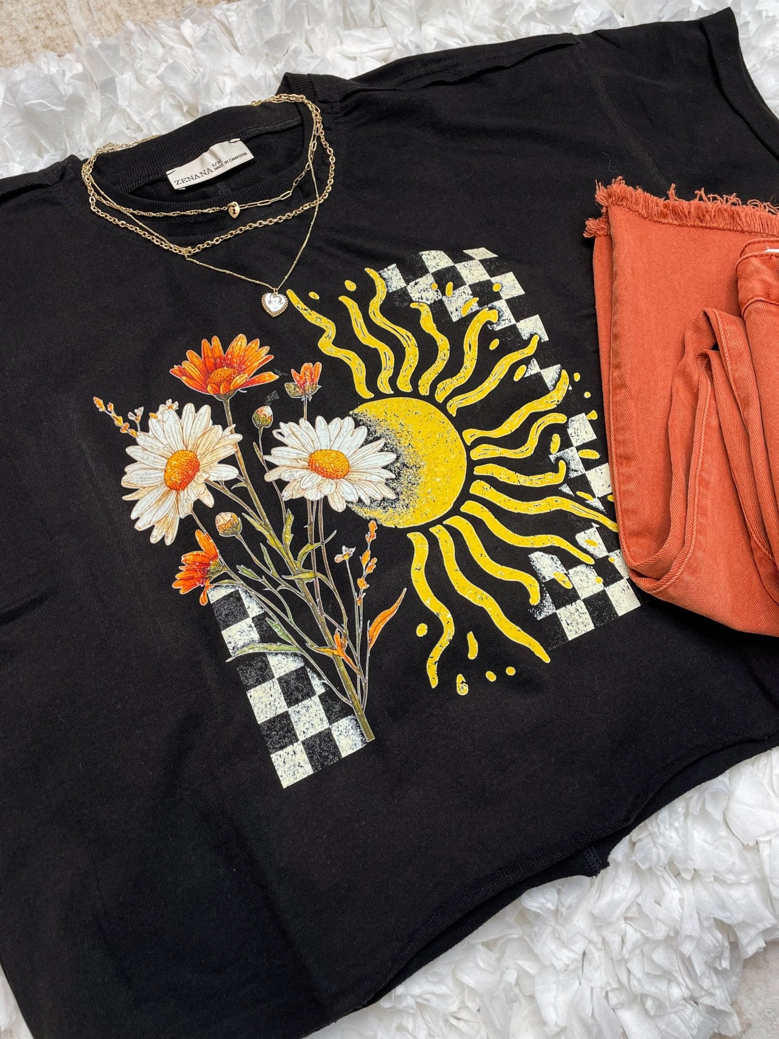 Retro Heatwave Sun & Daisy Checkerboard Boxy Tee - French Terry - Lavender Hills BeautyLavender Hills Beauty