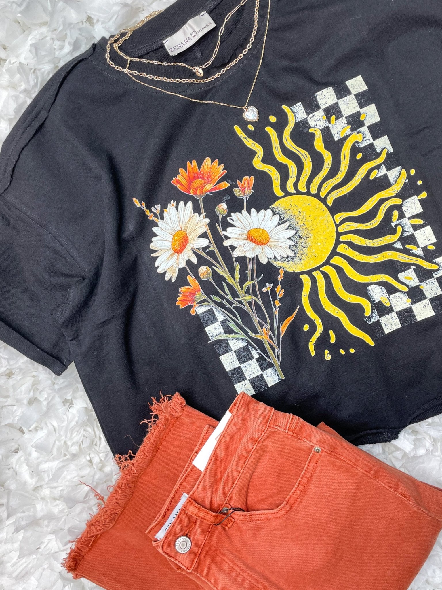 Retro Heatwave Sun & Daisy Checkerboard Boxy Tee - French Terry - Lavender Hills BeautyLavender Hills Beauty