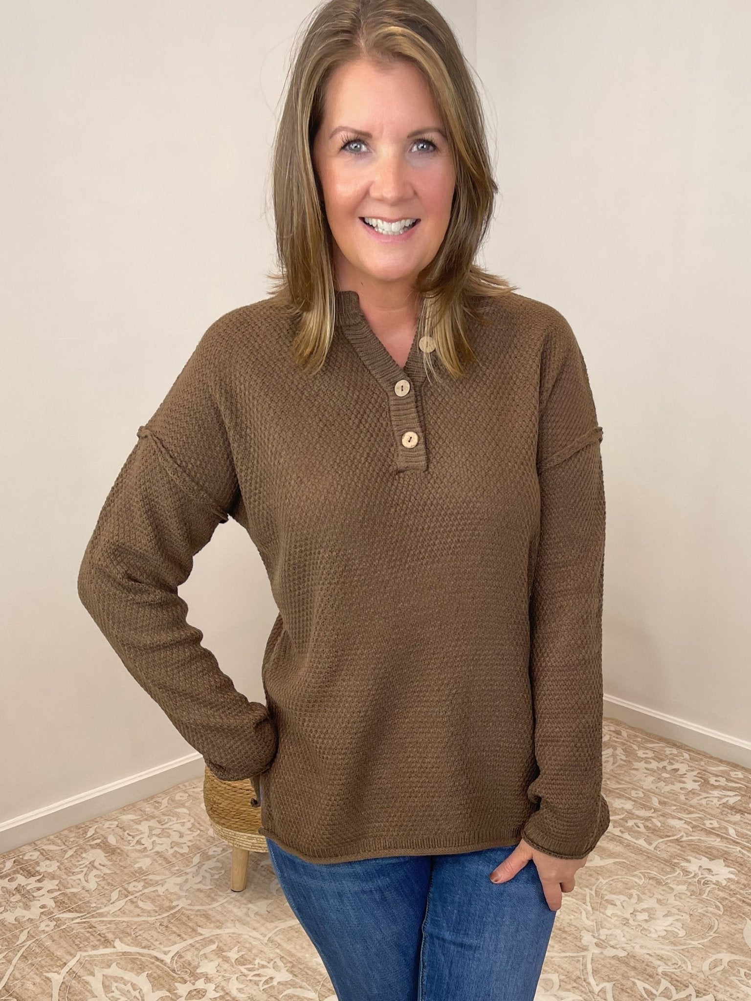 Button Henley Long Sleeve Sweater - Brown - Lavender Hills BeautyZenanaTW-2326A-BRN-SM