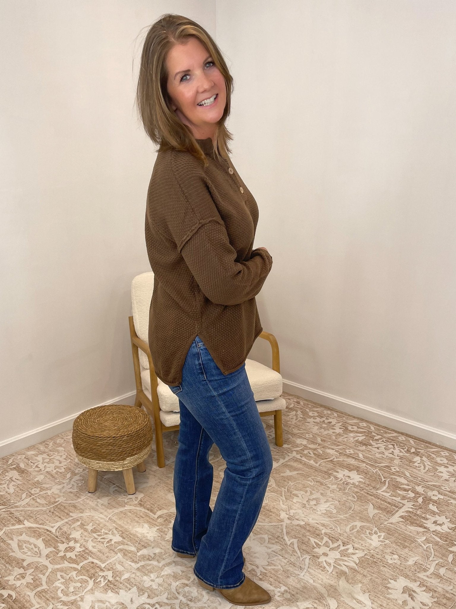 Button Henley Long Sleeve Sweater - Brown - Lavender Hills BeautyZenanaTW-2326A-BRN-SM