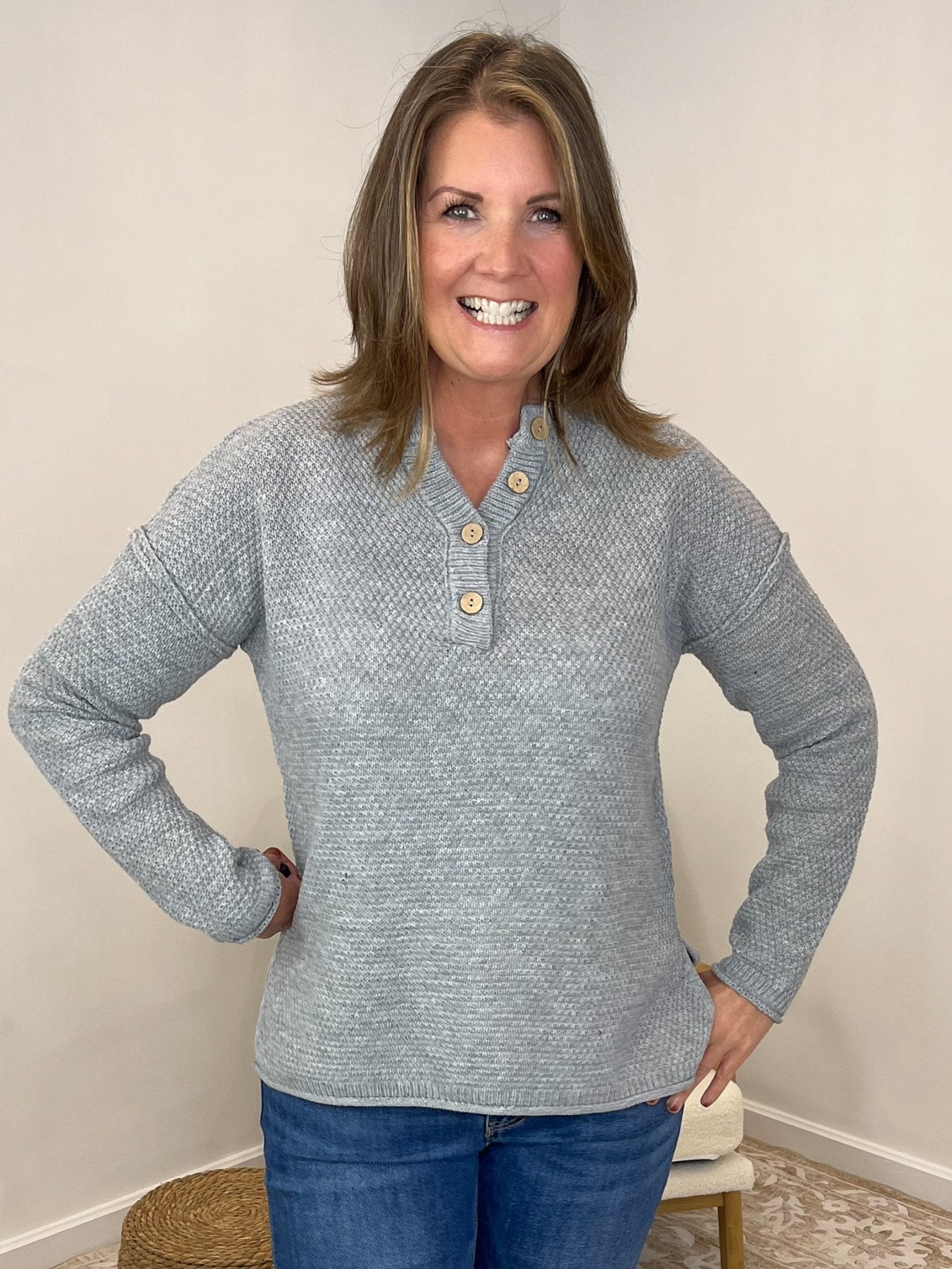 Button Henley Long Sleeve Sweater - Heather Grey - Lavender Hills BeautyZenanaTW-2326A-HGRY-SM