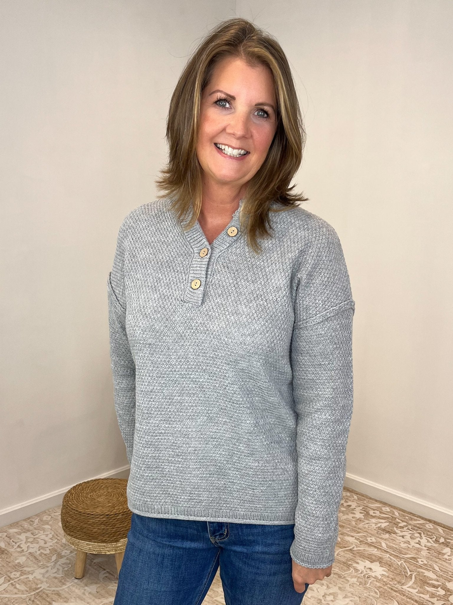 Button Henley Long Sleeve Sweater - Heather Grey - Lavender Hills BeautyZenanaTW-2326A-HGRY-SM