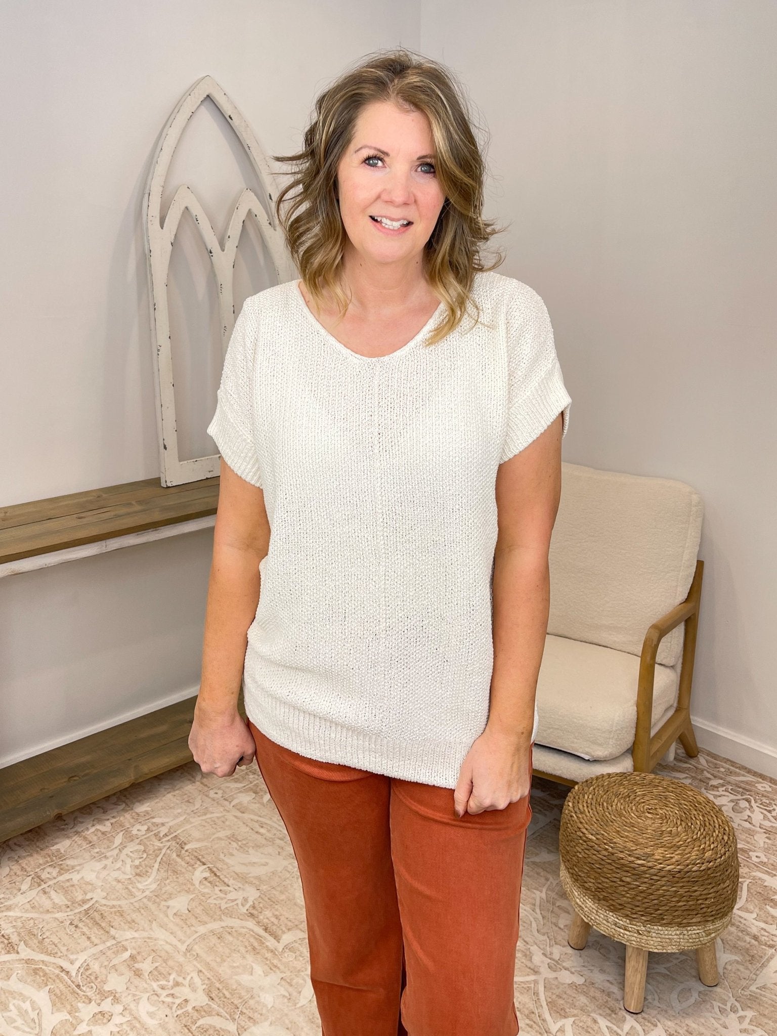 Centerline Short Sleeve Knit Sweater - Lavender Hills BeautyZenanaTW-2498Y-CRM-S