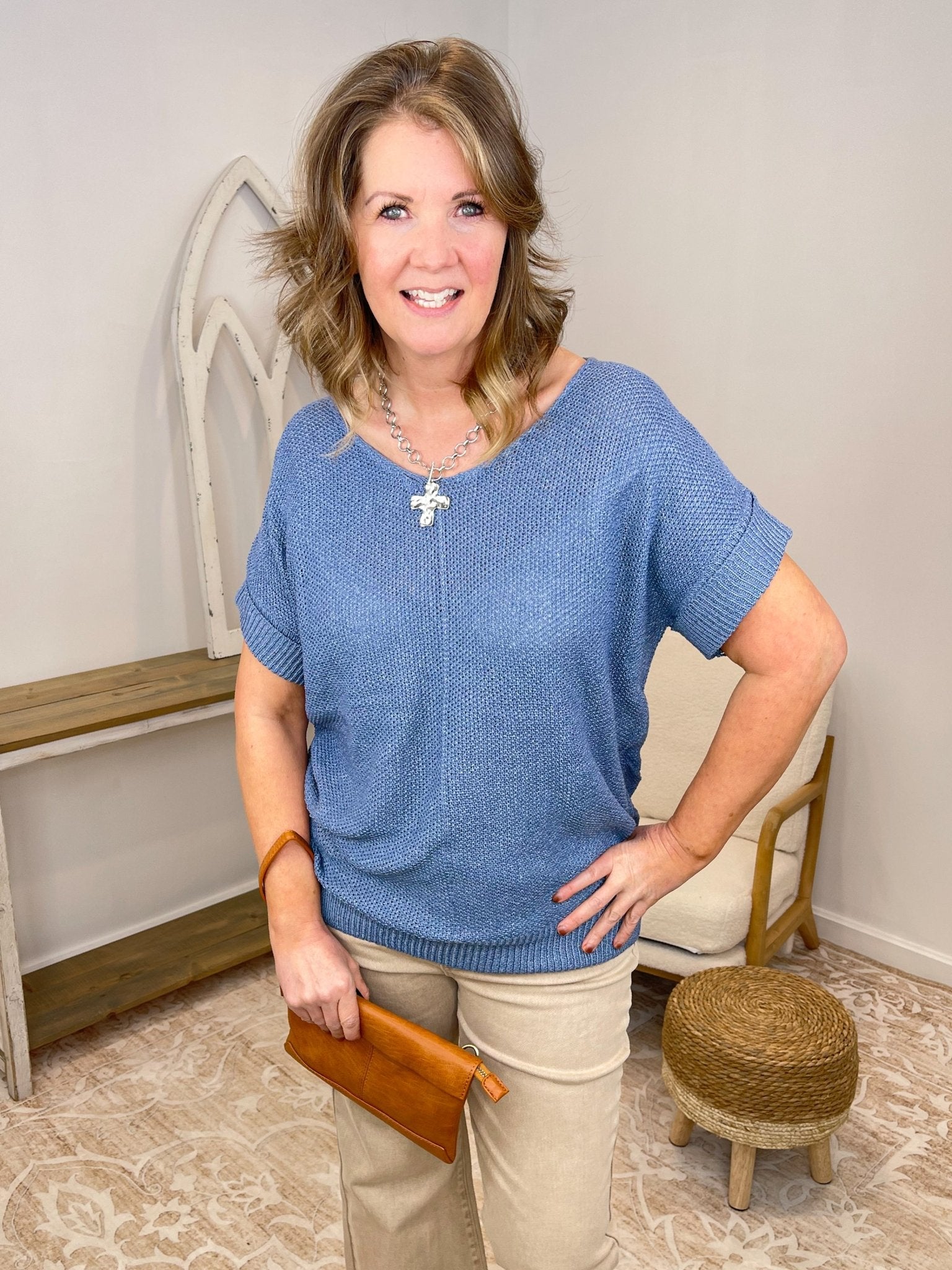 Centerline Short Sleeve Knit Sweater - Lavender Hills BeautyZenanaTW-2498Y-CRM-S