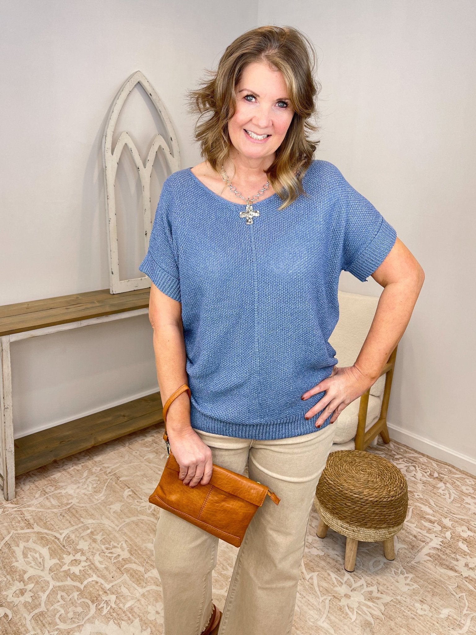 Centerline Short Sleeve Knit Sweater - Lavender Hills BeautyZenanaTW-2498Y-CRM-S
