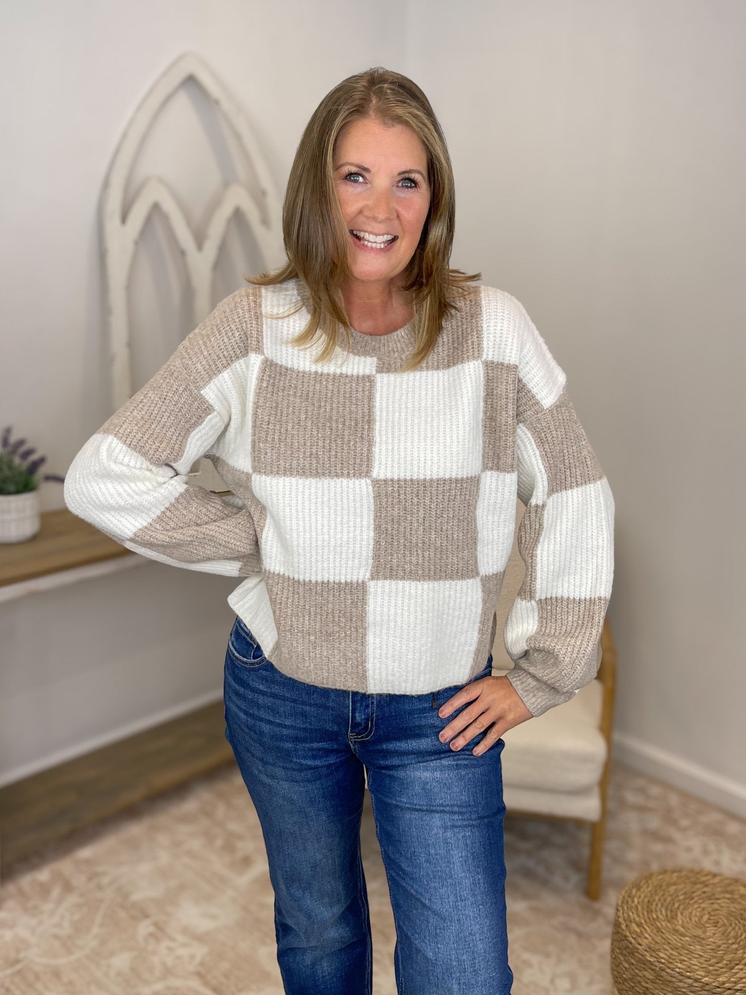 Checker Relaxed Fit Cropped Knit Sweater - Lavender HillsSweet Lovely by JenSW1619-MCA-S