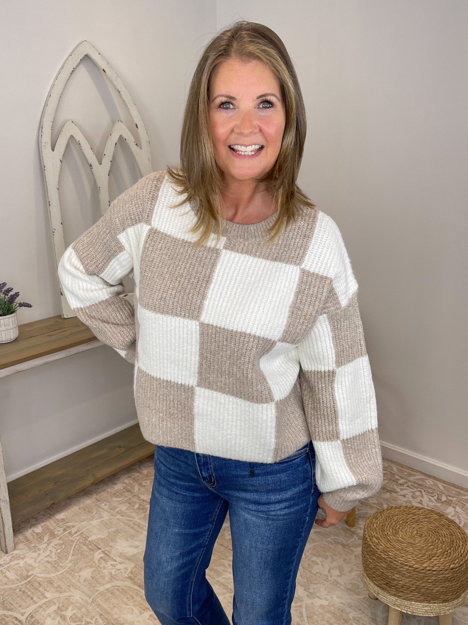 Checker Relaxed Fit Cropped Knit Sweater - Lavender HillsSweet Lovely by JenSW1619-MCA-S