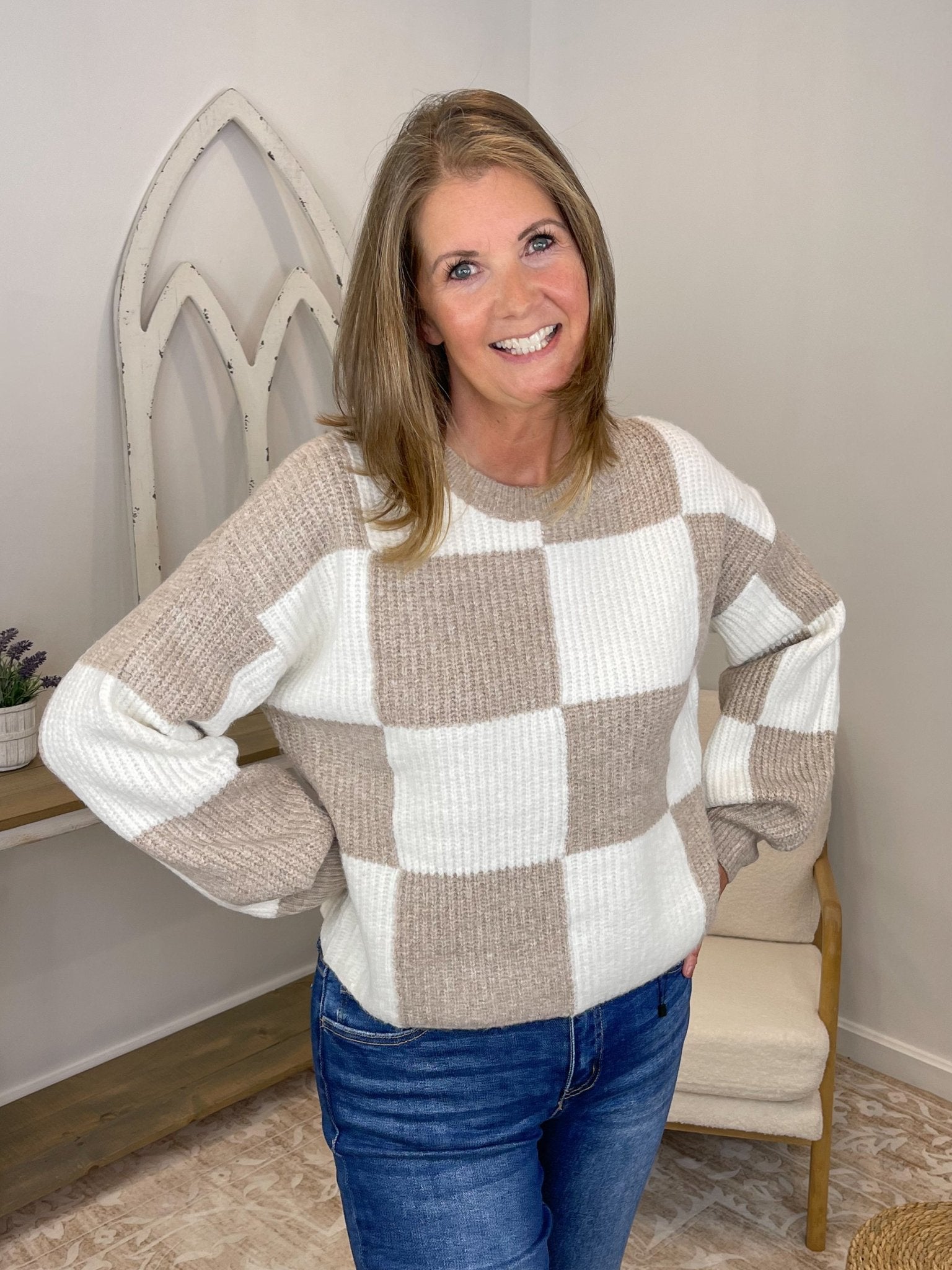 Checker Relaxed Fit Cropped Knit Sweater - Lavender HillsSweet Lovely by JenSW1619-MCA-S