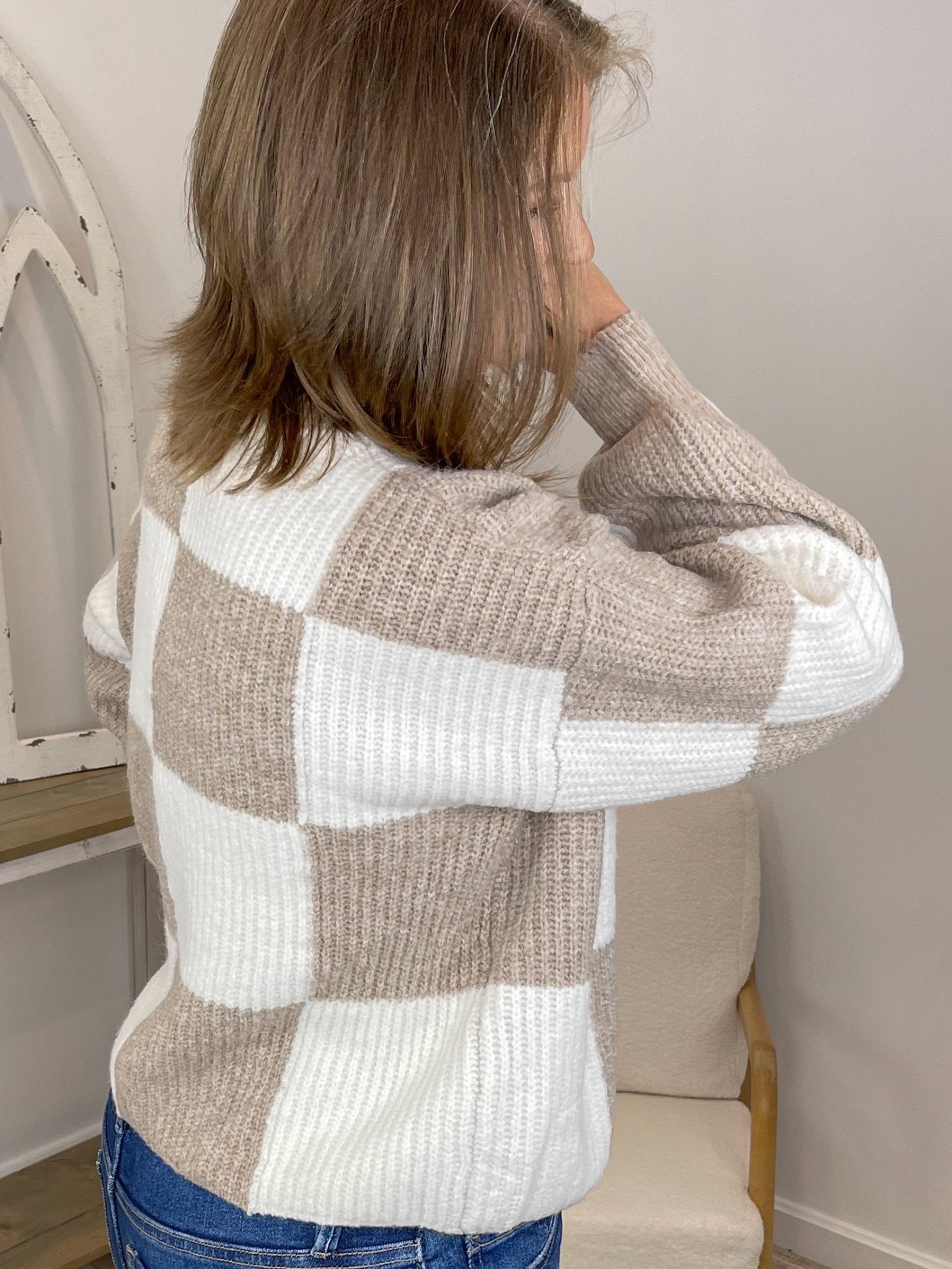 Checker Relaxed Fit Cropped Knit Sweater - Lavender HillsSweet Lovely by JenSW1619-MCA-S
