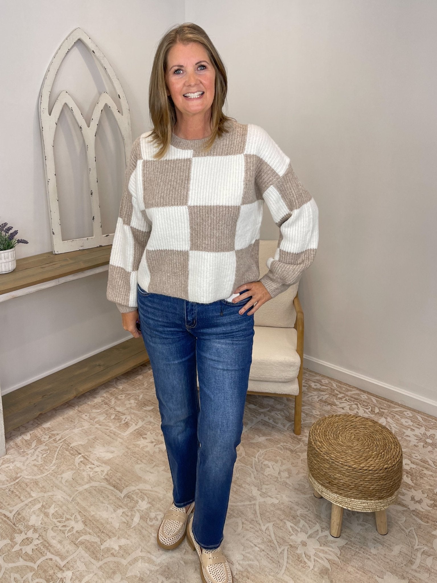 Checker Relaxed Fit Cropped Knit Sweater - Lavender HillsSweet Lovely by JenSW1619-MCA-S