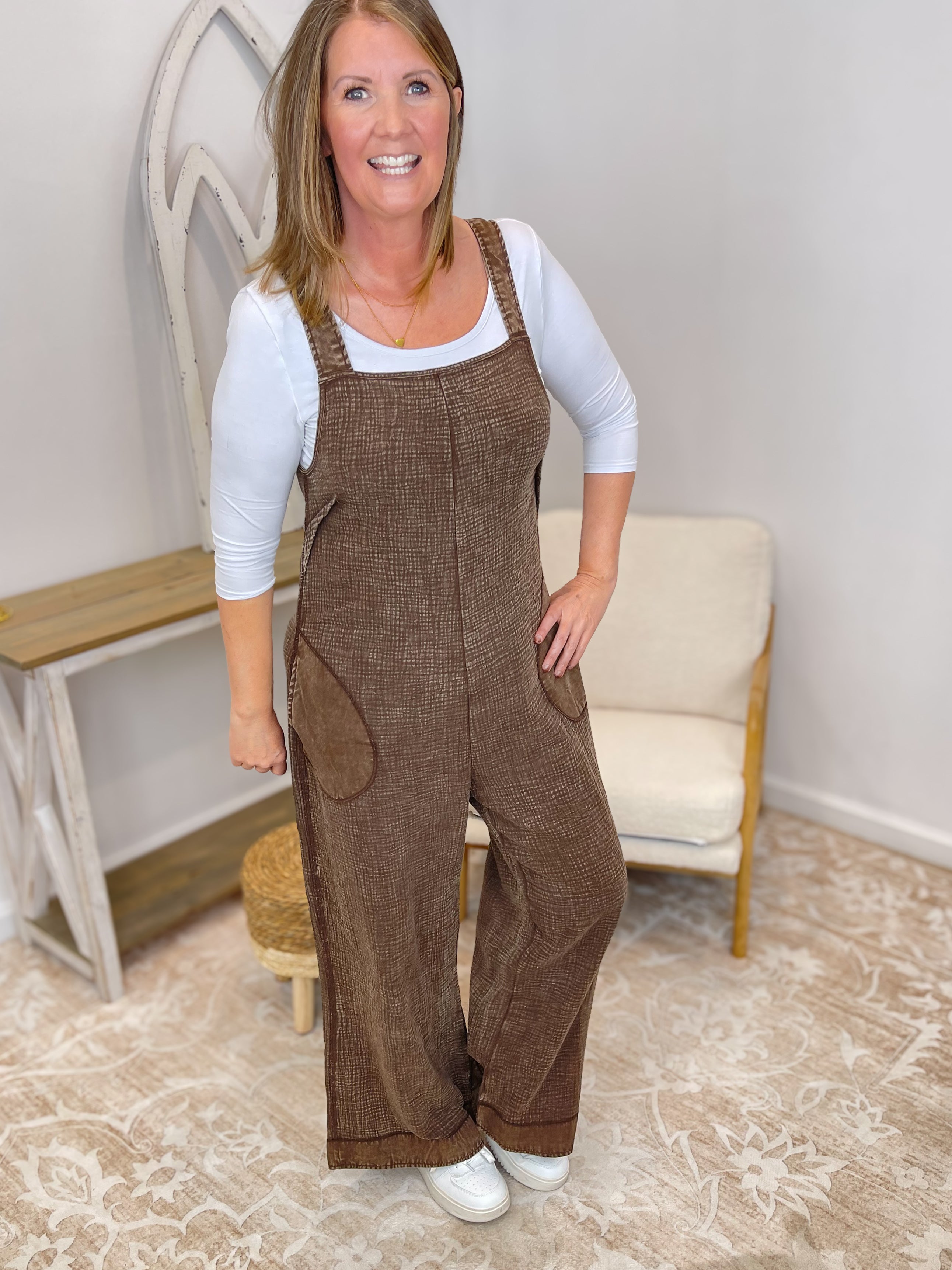 Chocolate Washed Double Gauze Wide-Leg Overalls