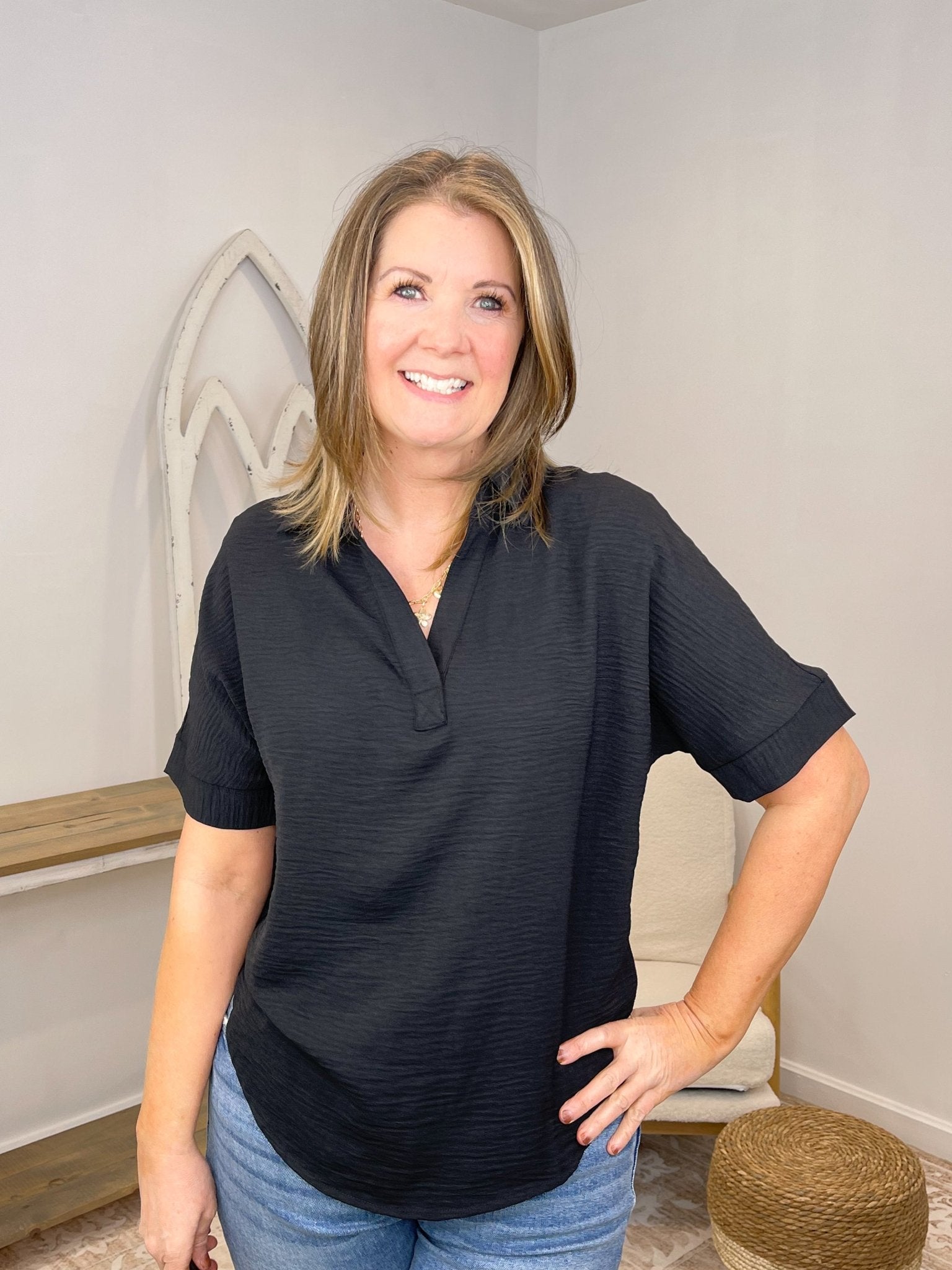 Classic Textured Woven Airflow Collared V - Neck Top - Lavender Hills BeautyZenanaQT-1396D4-BLK-S