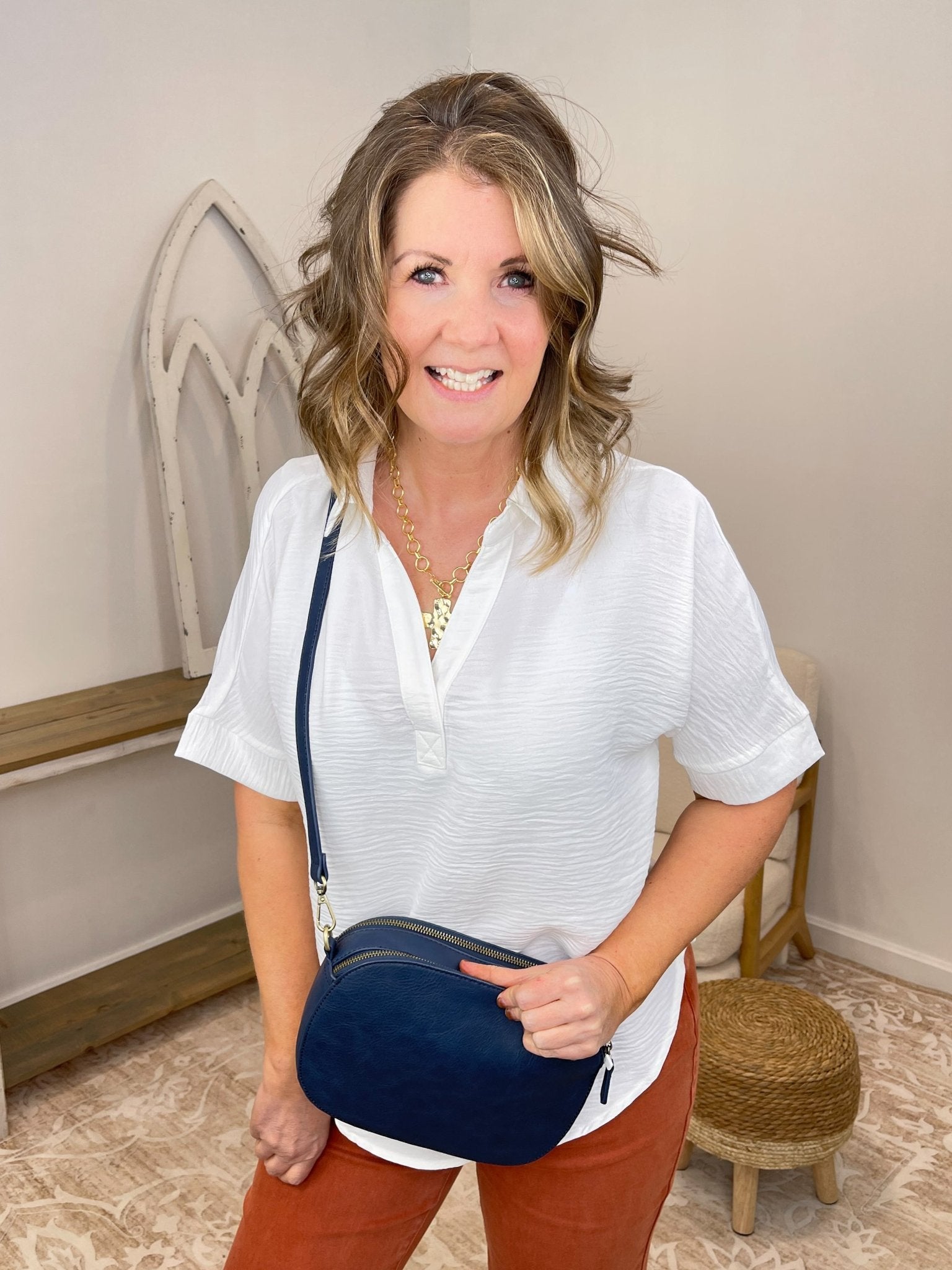 Classic Textured Woven Airflow Collared V - Neck Top - Lavender Hills BeautyZenanaQT-1396D4-WHT-S