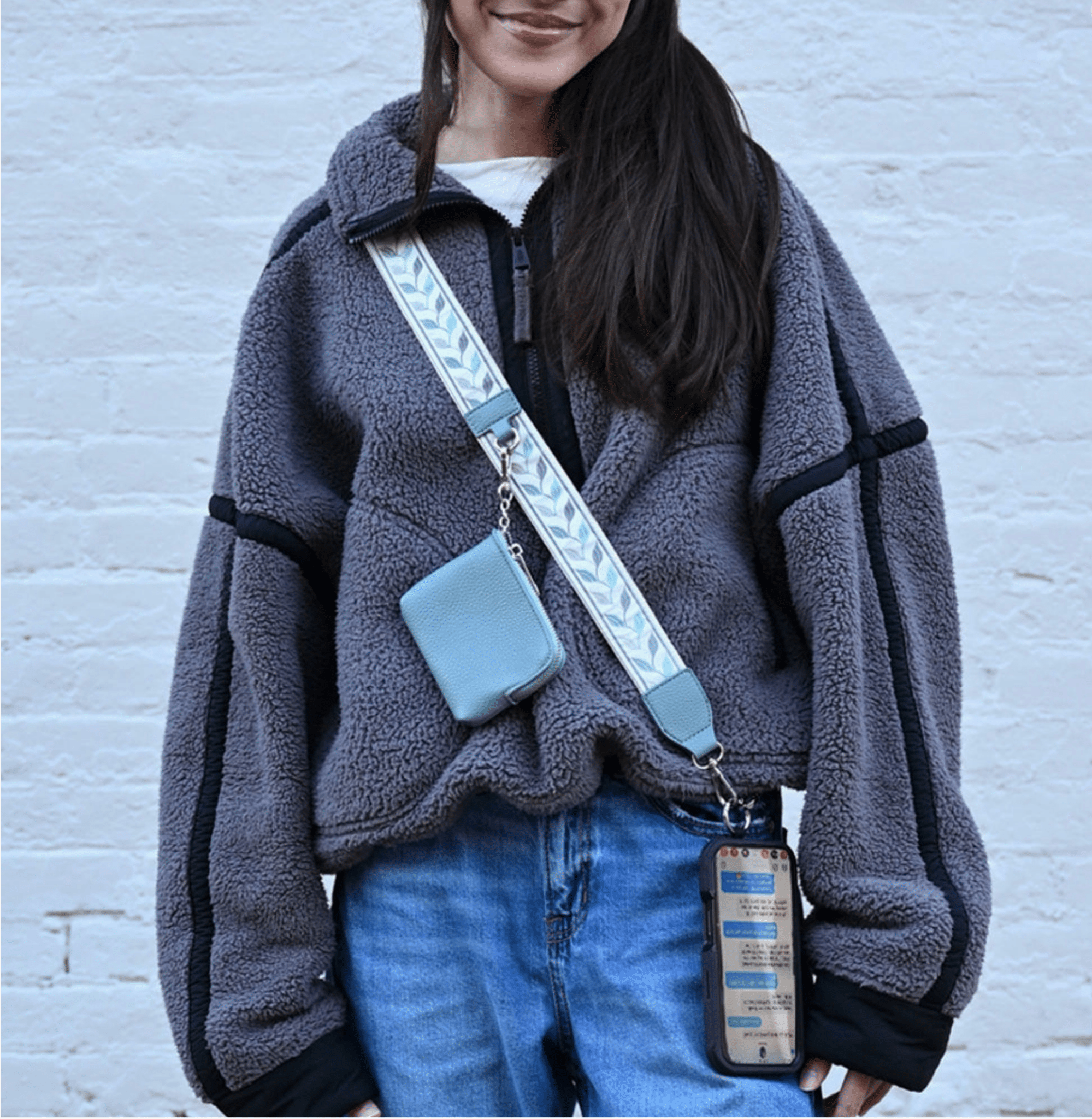 3 - in - 1 Clip & Go Crossbody Phone Strap with RFID Leaf Pattern - Teal & Grey - Lavender Hills BeautySave The GirlsCG-1100GL