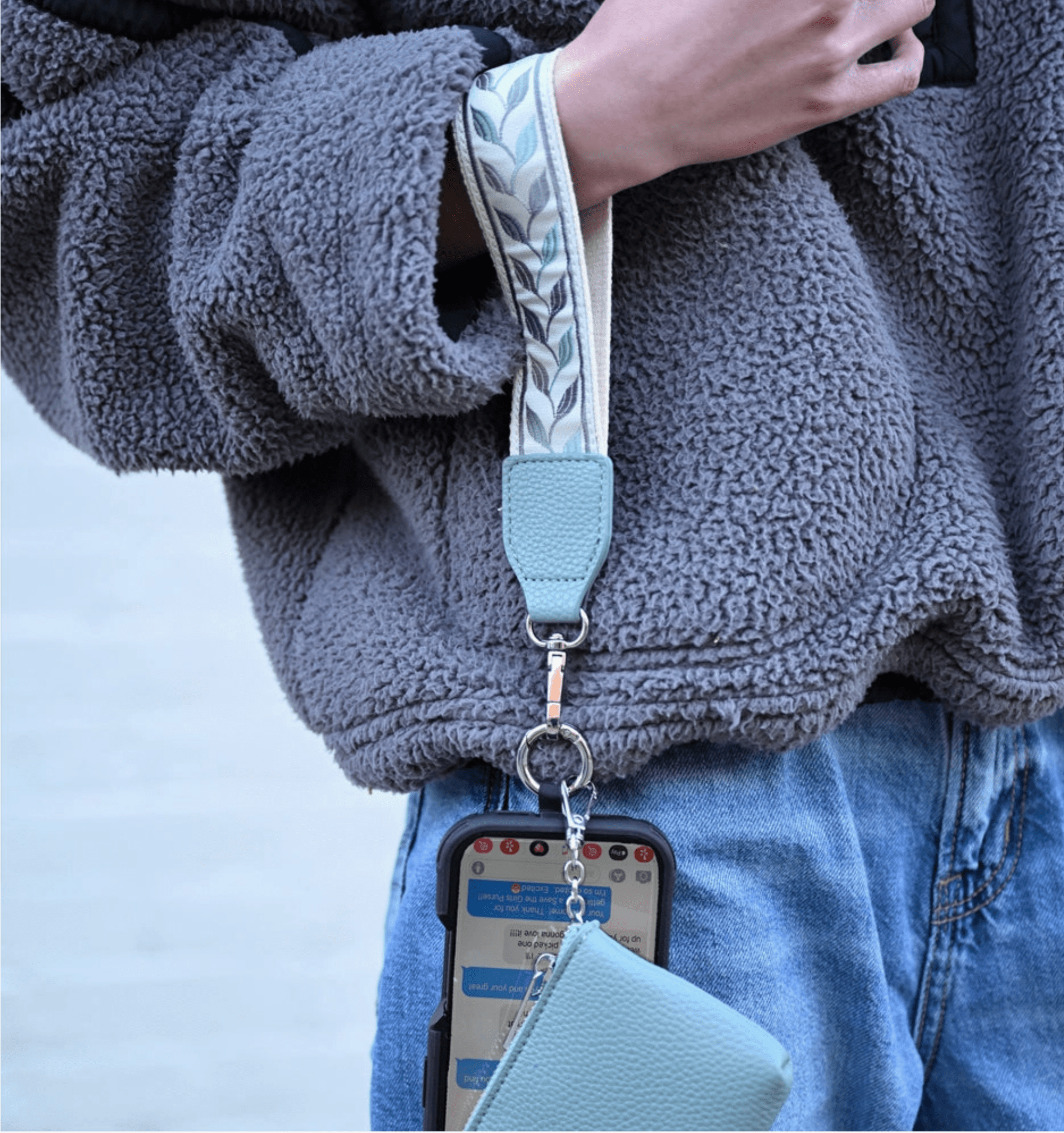 3 - in - 1 Clip & Go Crossbody Phone Strap with RFID Leaf Pattern - Teal & Grey - Lavender Hills BeautySave The GirlsCG-1100GL