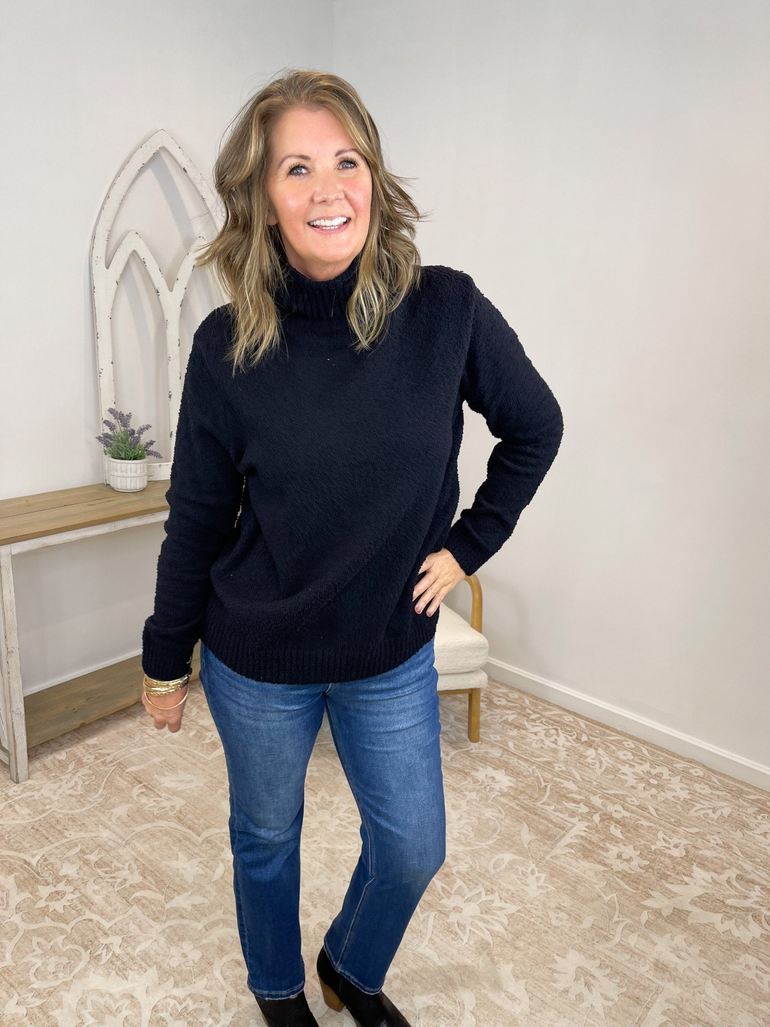 Cozy Plush Popcorn Knit Turtleneck Sweater - Black - Lavender HillsZenanaTW-2497-BLK-S