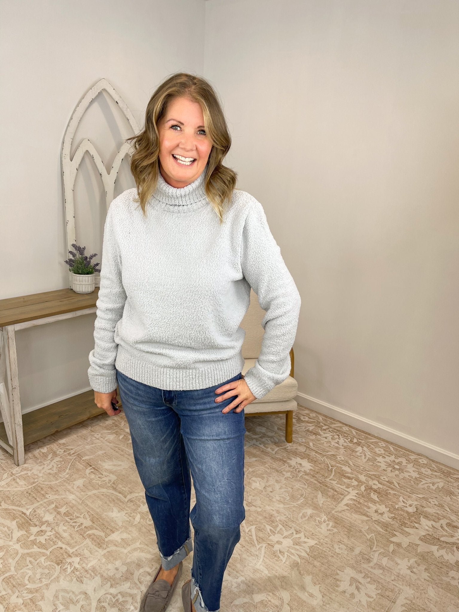 Cozy Plush Popcorn Knit Turtleneck Sweater - Heather Grey - Lavender HillsZenanaTW-2497Y-GRY-S
