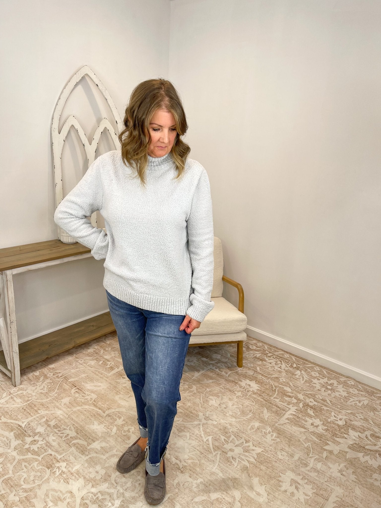 Cozy Plush Popcorn Knit Turtleneck Sweater - Heather Grey - Lavender HillsZenanaTW-2497Y-GRY-S