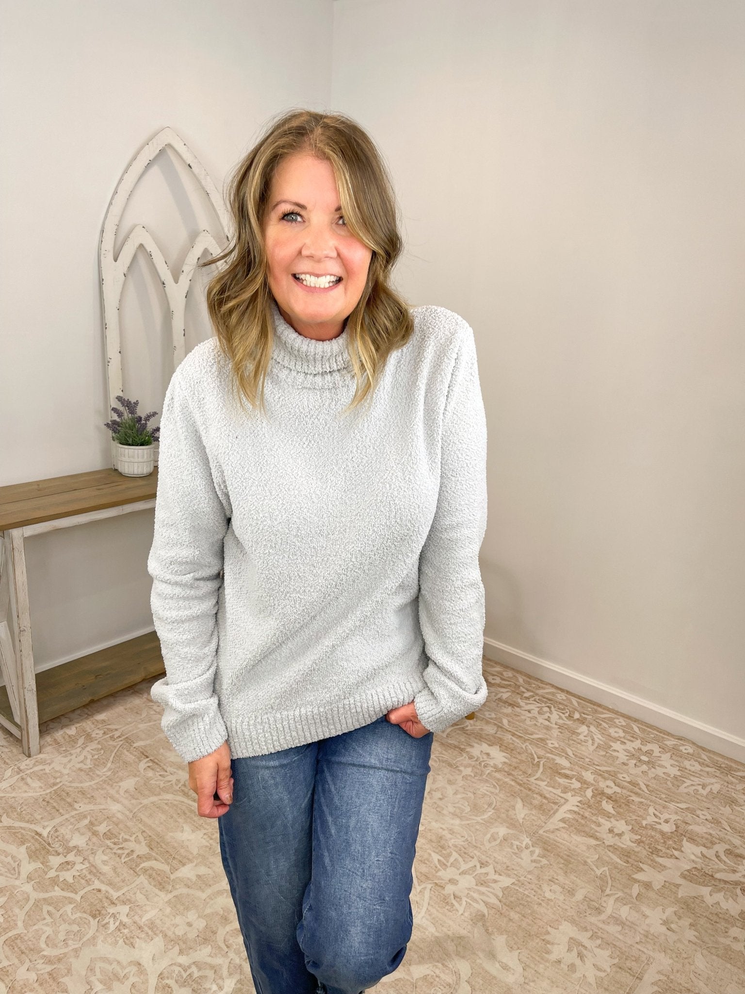 Cozy Plush Popcorn Knit Turtleneck Sweater - Heather Grey - Lavender HillsZenanaTW-2497Y-GRY-S