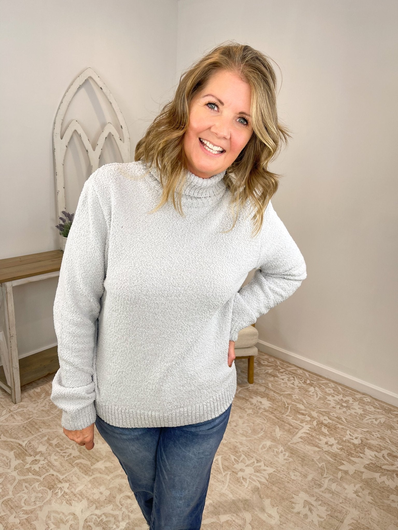 Cozy Plush Popcorn Knit Turtleneck Sweater - Heather Grey - Lavender HillsZenanaTW-2497Y-GRY-S