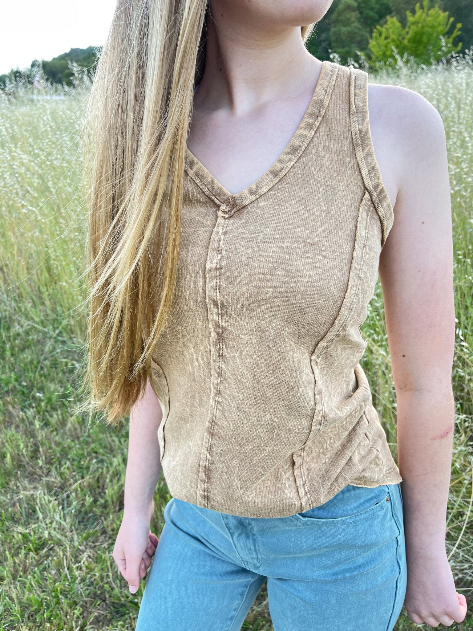 Crinkle Wash French Terry V - Neck Raw Edge Tank Top - Lavender HillsZenanaTTW-5241Y-S