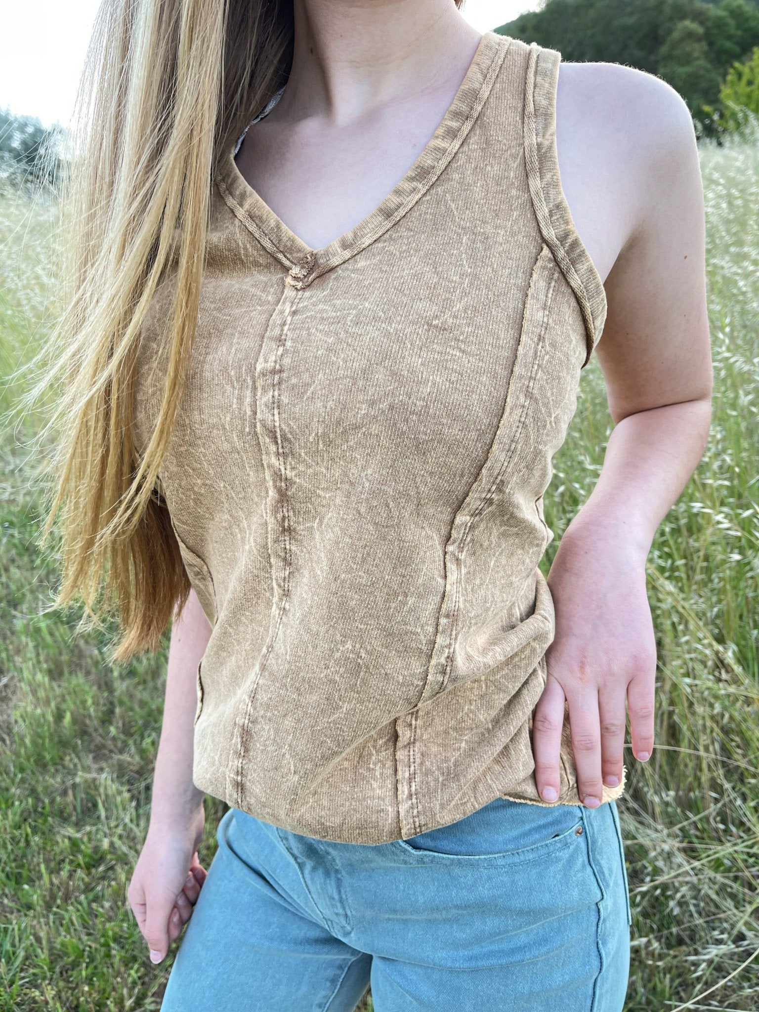 Crinkle Wash French Terry V - Neck Raw Edge Tank Top - Lavender HillsZenanaTTW-5241Y-S