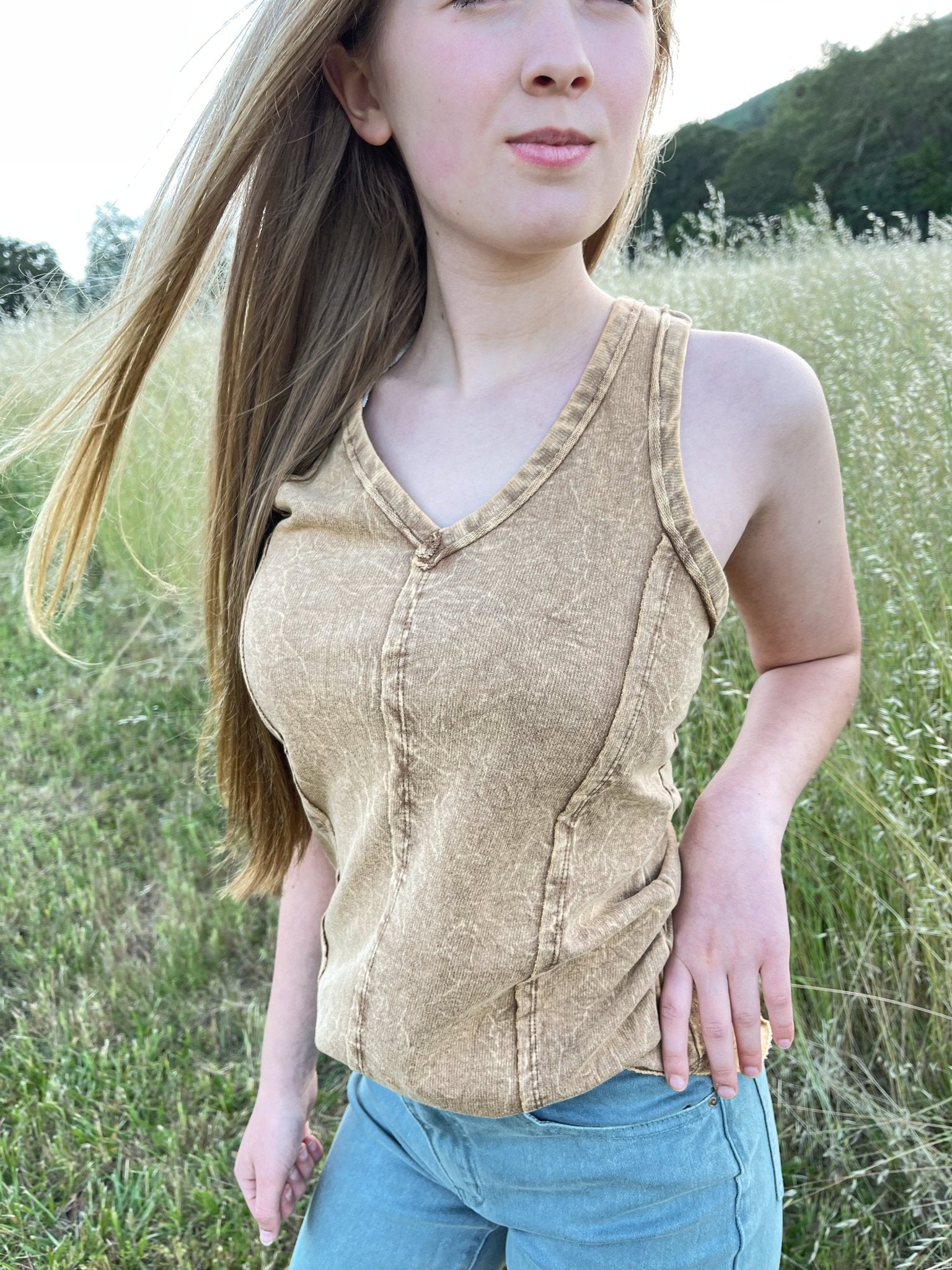 Crinkle Wash French Terry V - Neck Raw Edge Tank Top - Lavender HillsZenanaTTW-5241Y-S