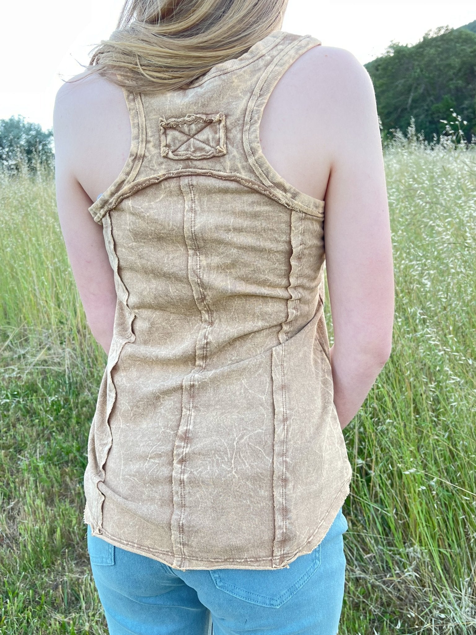 Crinkle Wash French Terry V - Neck Raw Edge Tank Top - Lavender HillsZenanaTTW-5241Y-S