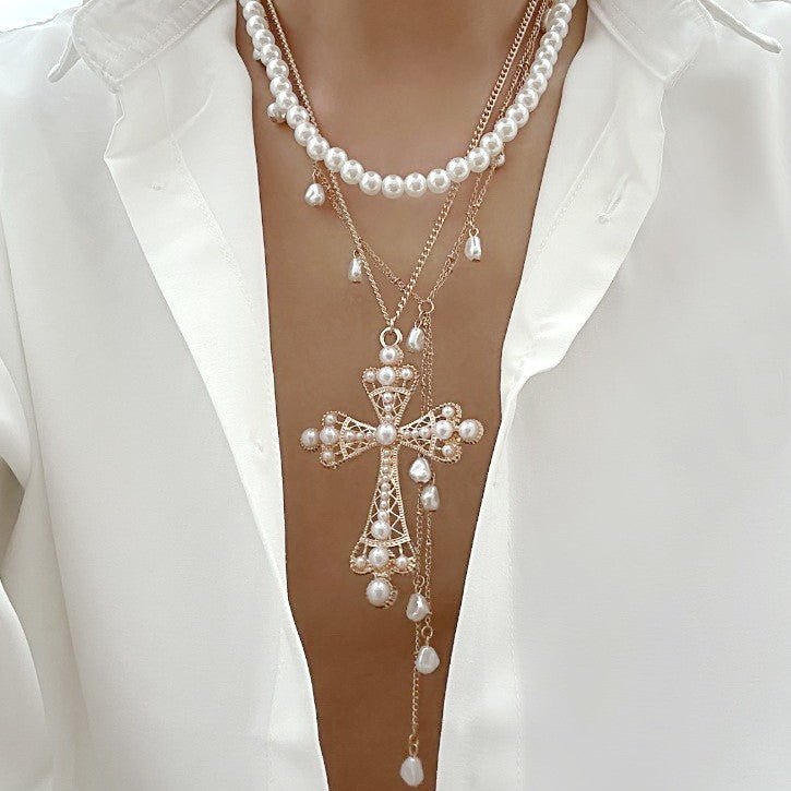 Cross Pearl Gold Multi Layered Necklace - Lavender Hills BeautyJosslyn by Wall to Wall80N92464