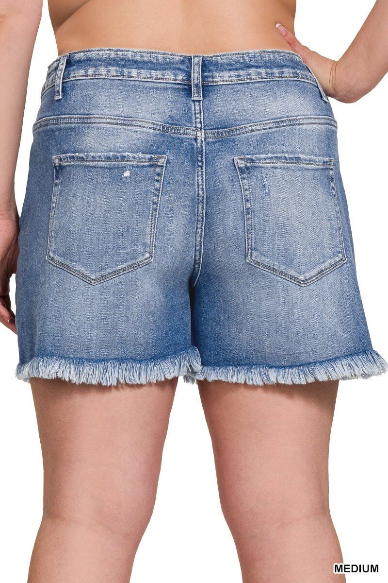 River Drift Raw Hem Mid-Rise Shorts - Lavender Hills BeautyZenanaDTP-1791