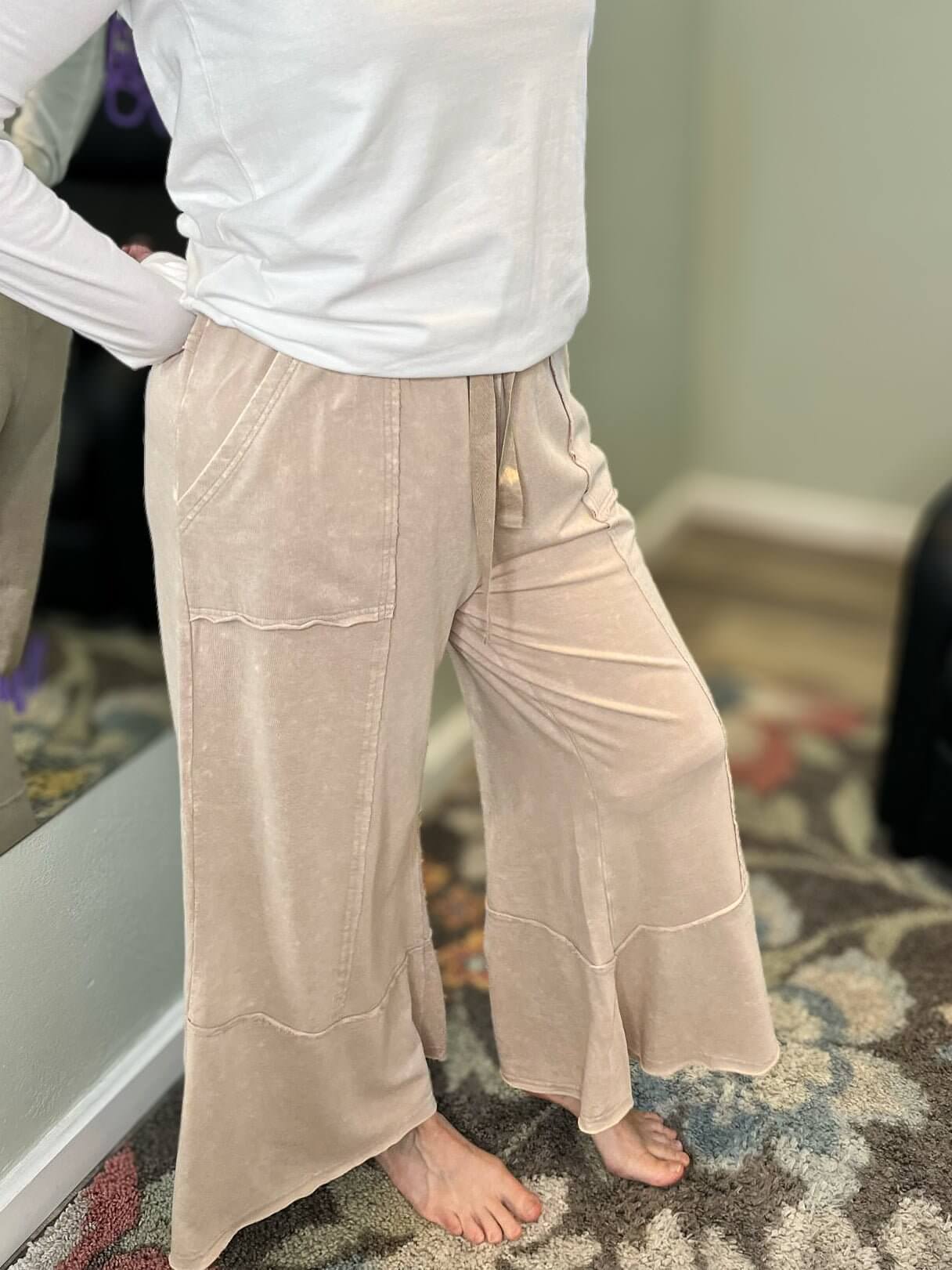 Easy Days Cropped Mineral Wash Wide Leg Flared Lounge Pants - Lavender Hills BeautyZenanaTPW - 5253Y - ASHMOC - S