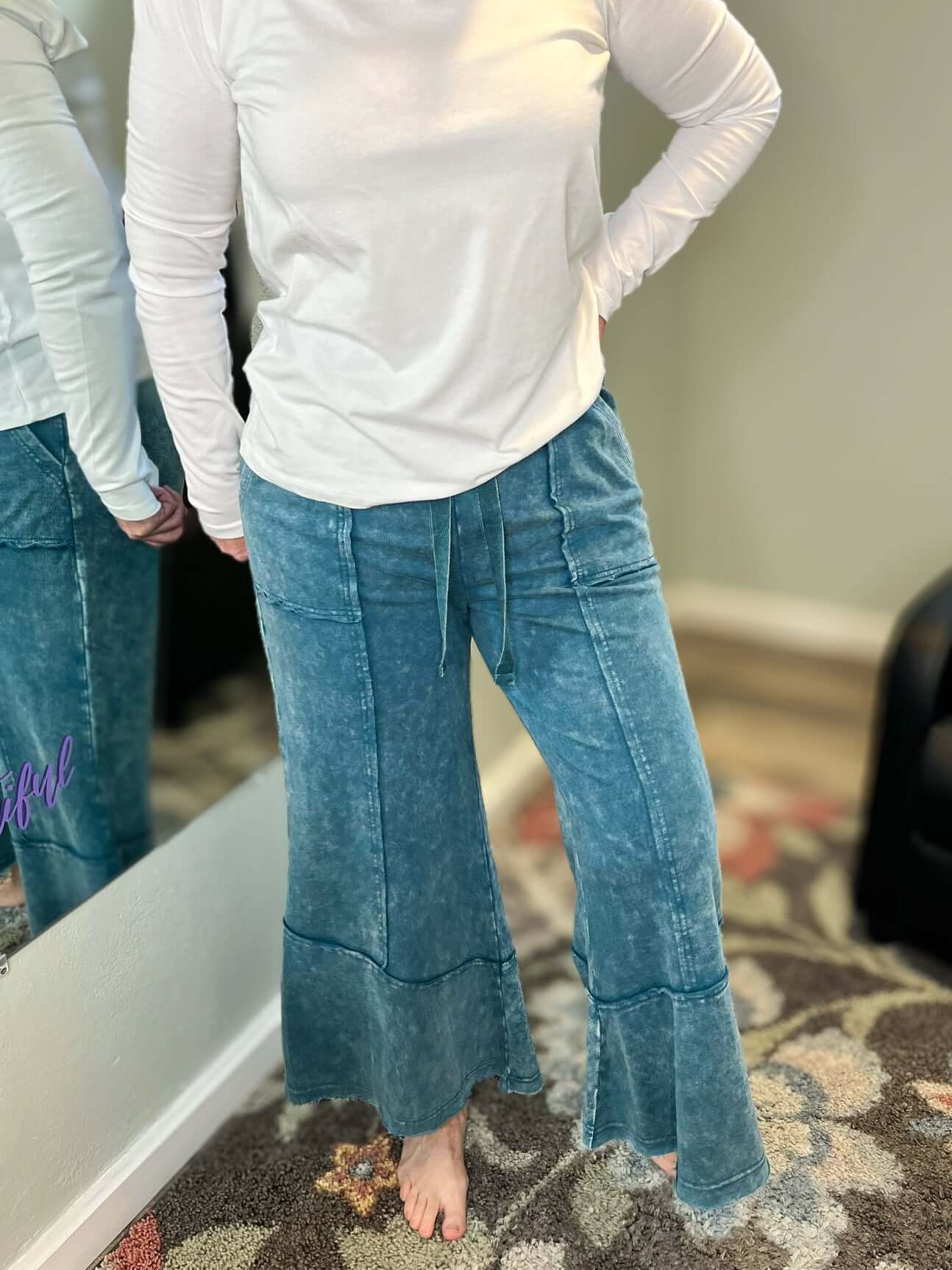 Easy Days Cropped Mineral Wash Wide Leg Flared Lounge Pants - Lavender Hills BeautyZenanaTPW - 5253Y - TEL - S