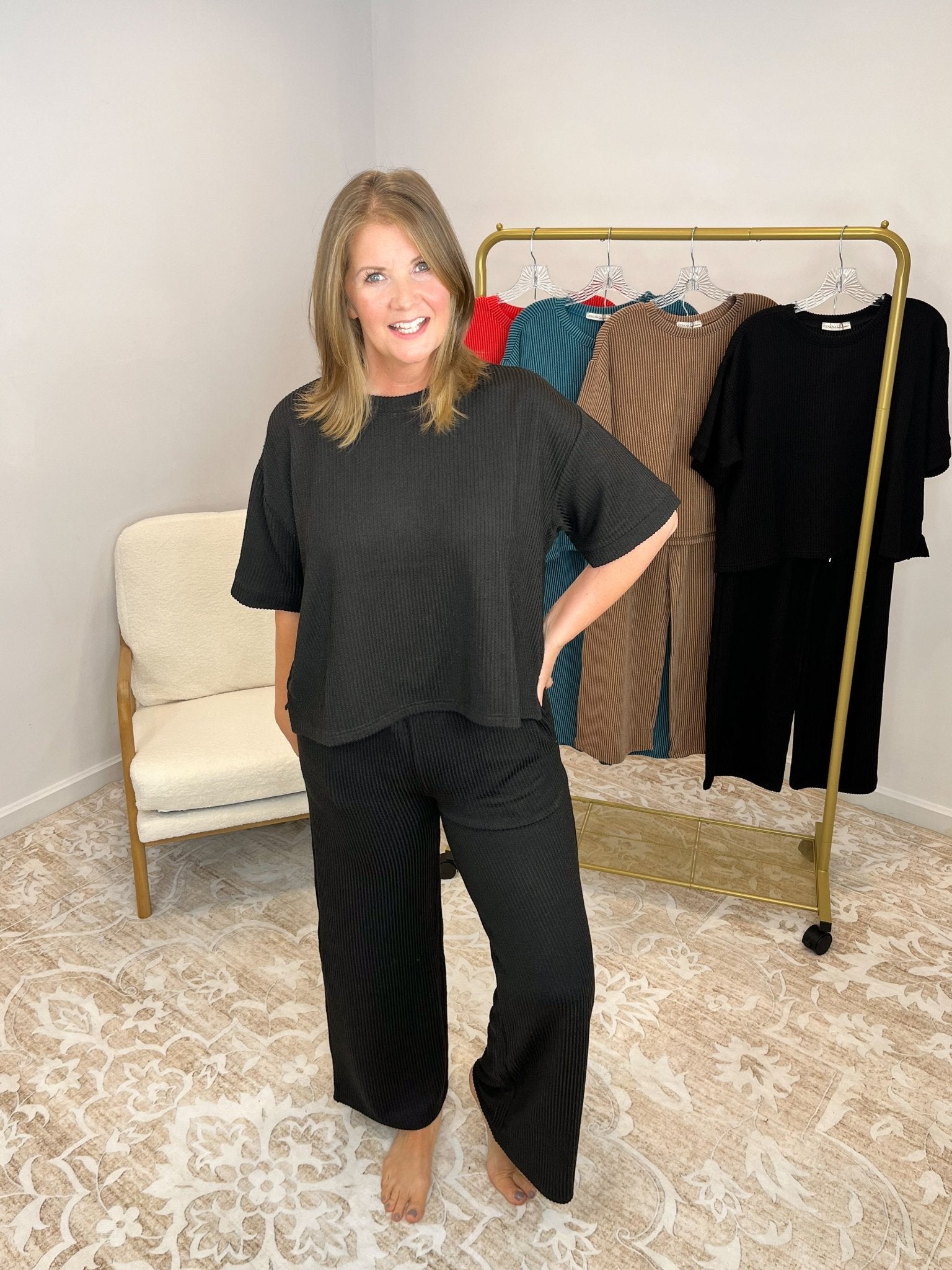 Everyday Lux Duo - 2 Piece Short Sleeve Top & Pants Set - Lavender Hills BeautyZenanaRTLRPL - 8608Y - BLK - S