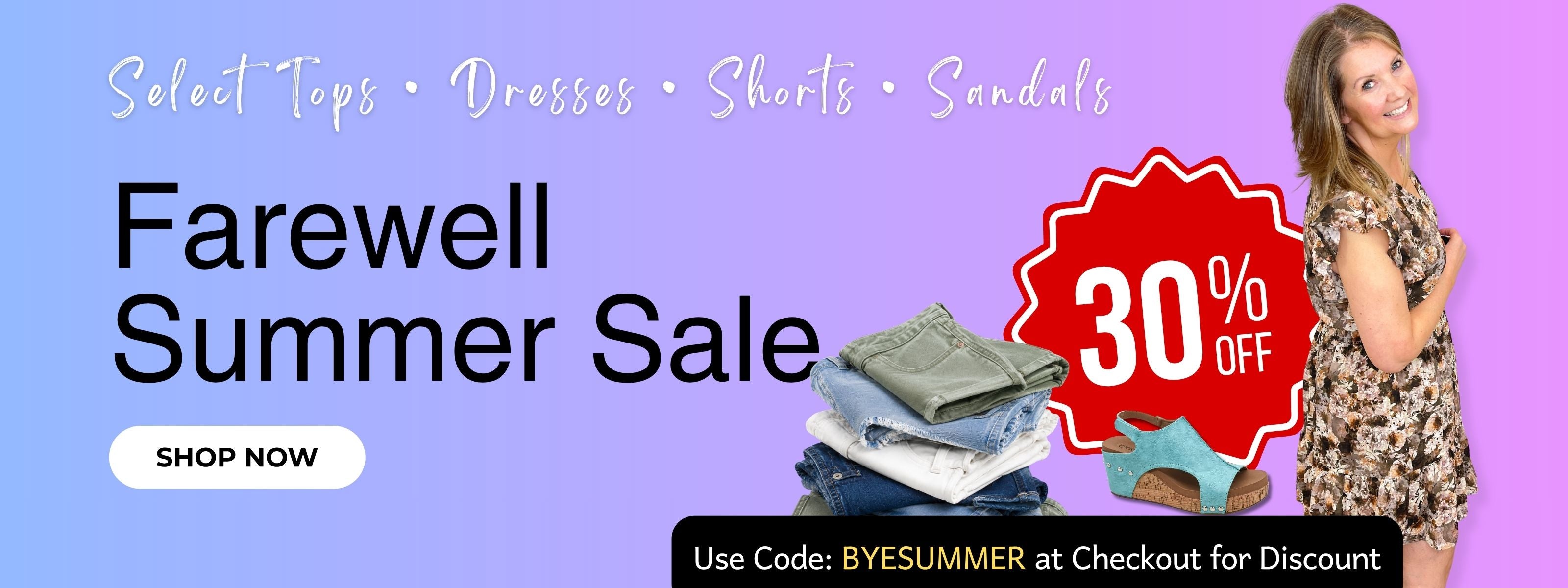 Promotional sale banner for a summer sale with text reading 'Farewell Summer Sale,' '30% OFF,' and a 'SHOP NOW' button. The background is a purple-to-pink gradient, with a stack of folded clothes, a woman in a patterned dress on the right, and a black code box at the bottom.