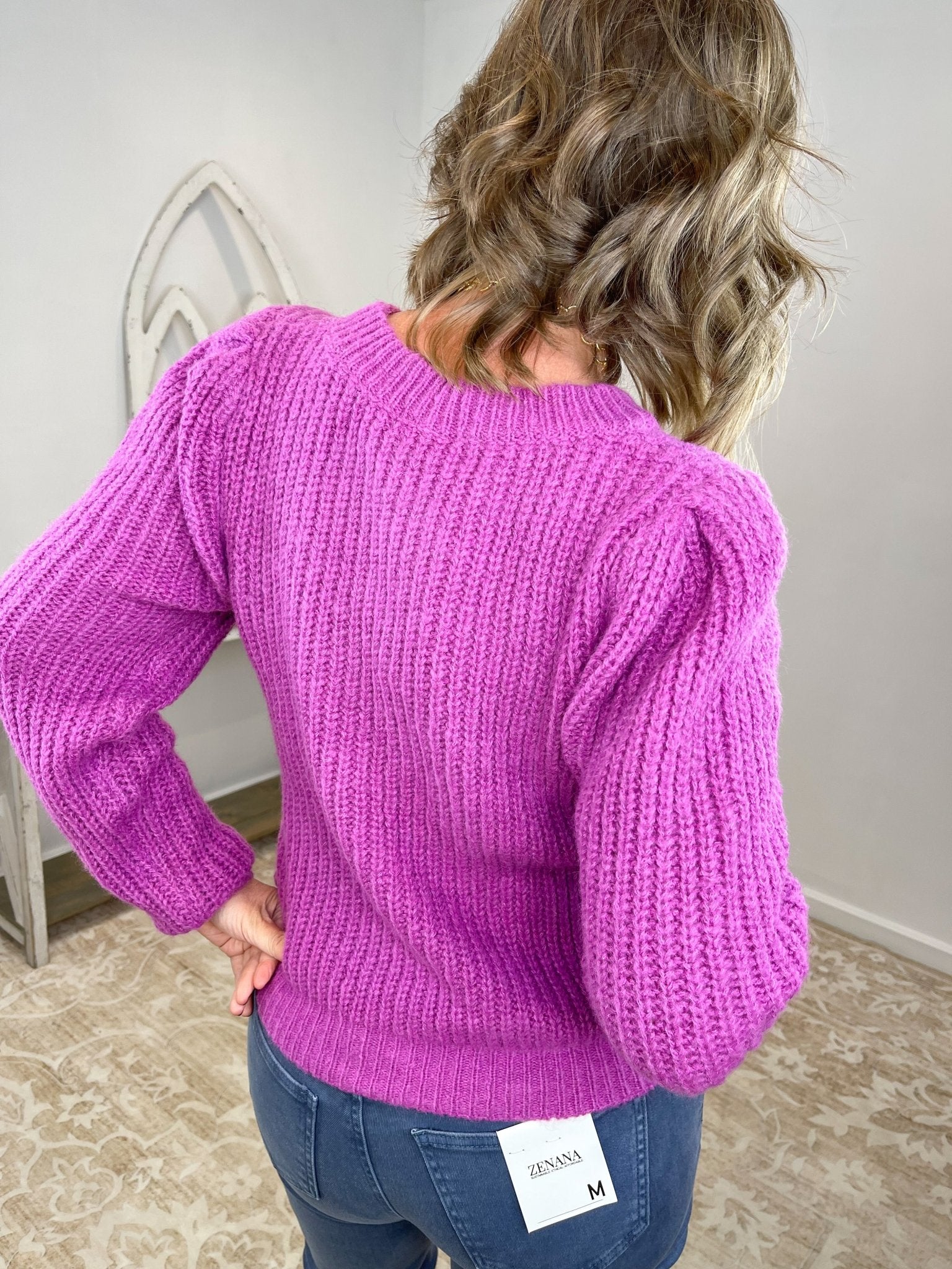 Magenta Puff-Shoulder Chunky Knit Crewneck Sweater - Lavender HillsFateWN-FTE-1