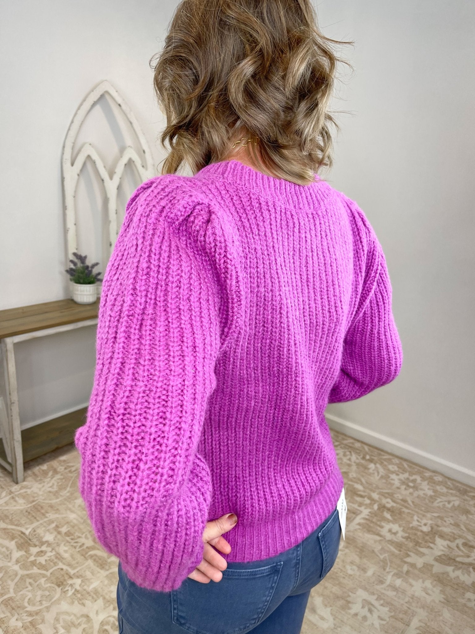 Magenta Puff-Shoulder Chunky Knit Crewneck Sweater - Lavender HillsFateWN-FTE-1