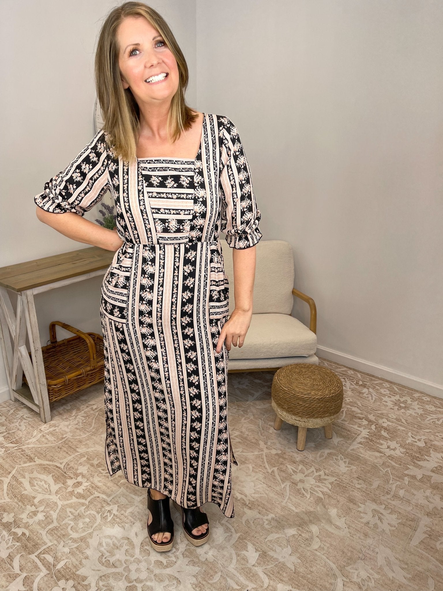 Floral Stripe Lightweight Puff-Sleeve Maxi Dress with Pockets - Lavender HillsHailey & CoHD1975-S