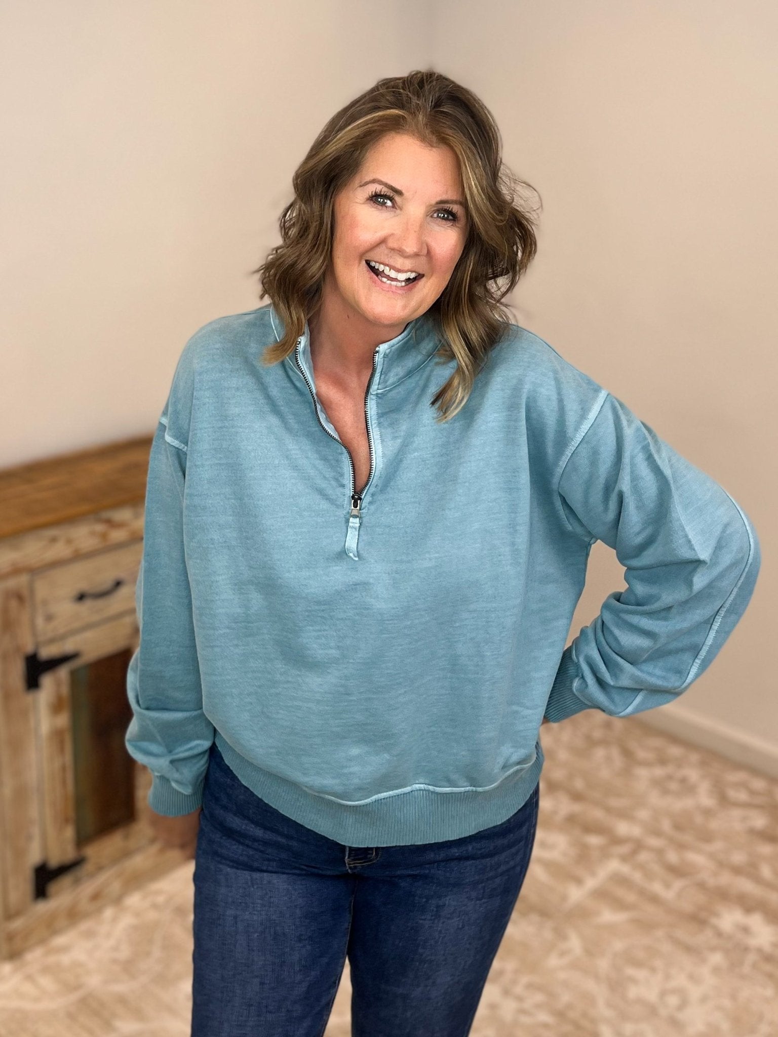 Go - To Half Zip Sweatshirt Pullover - Blue Grey - Lavender Hills BeautyZenanaTTW - 5282Y - BLUGRY - S