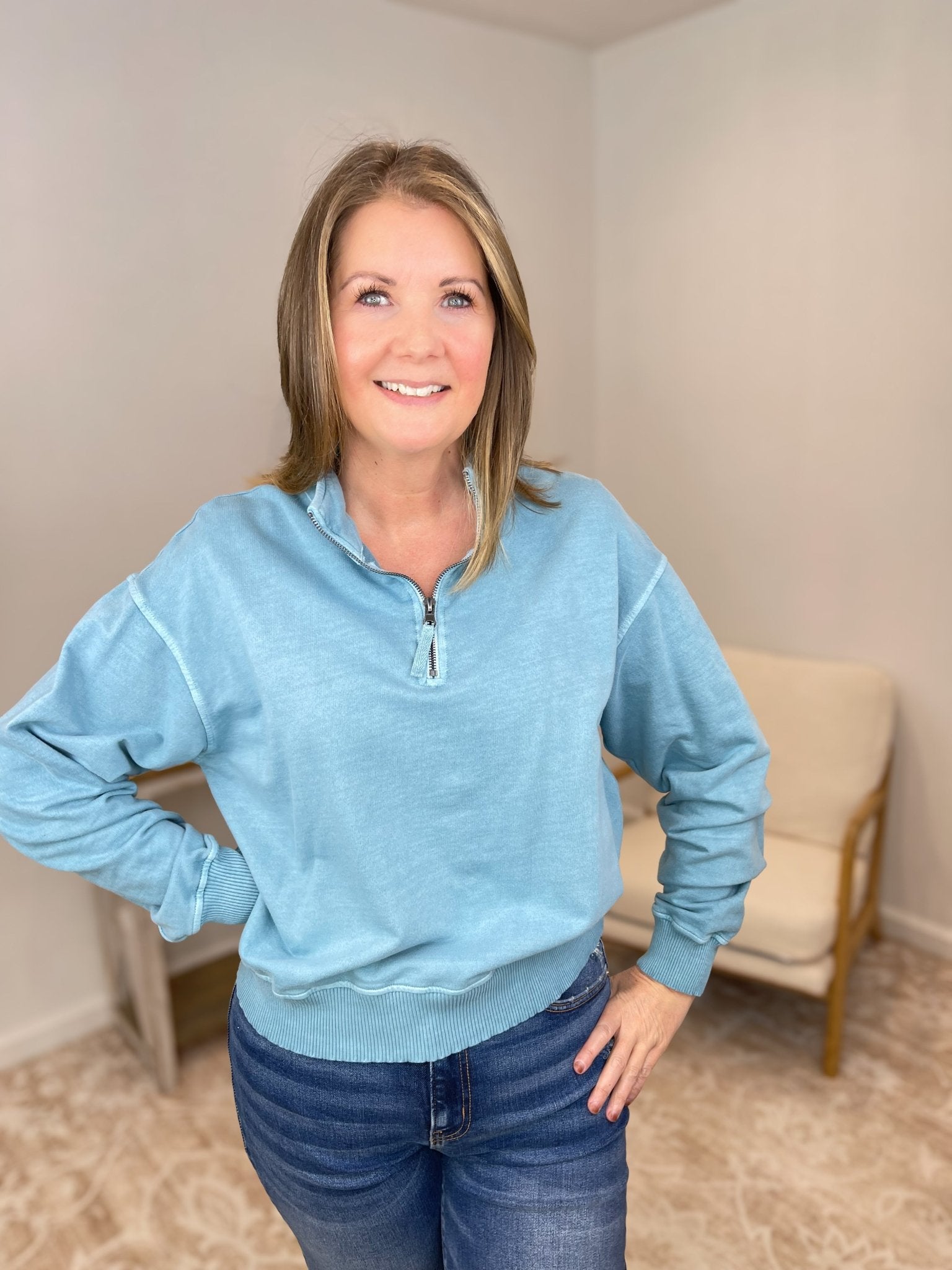 Go - To Half Zip French Terry Sweatshirt Pullover - Blue Grey - Lavender Hills BeautyZenanaTTW-5282Y-BLUGRY-S