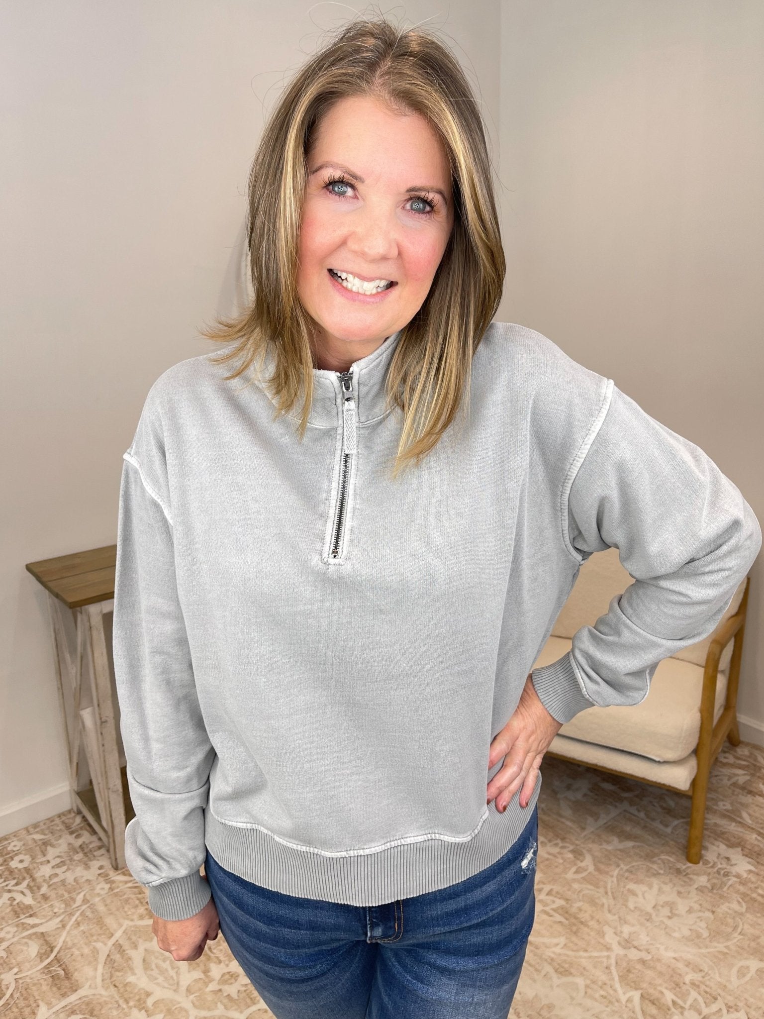 Go - To Half Zip French Terry Sweatshirt Pullover - Sleet - Lavender Hills BeautyZenanaTTW-5282Y-SLT-S