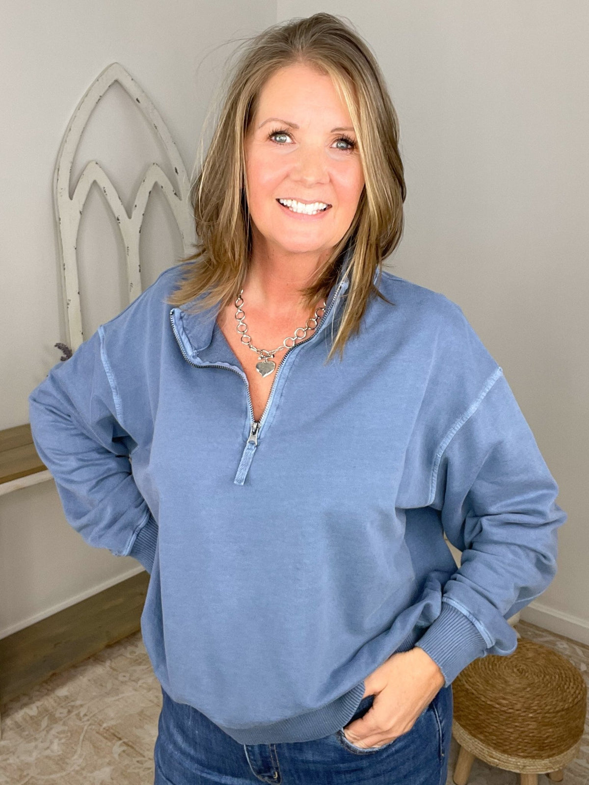 Go-To Half Zip Sweatshirt French Terry Pullover - Dusty Blue - Lavender HillsZenanaTTW-5282Y-DUSBLE-S