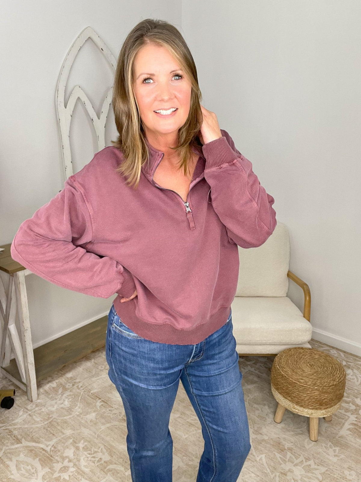 Go-To Half Zip Sweatshirt French Terry Pullover - Eggplant - Lavender HillsZenanaTTW-5282Y-EGGPNT-S