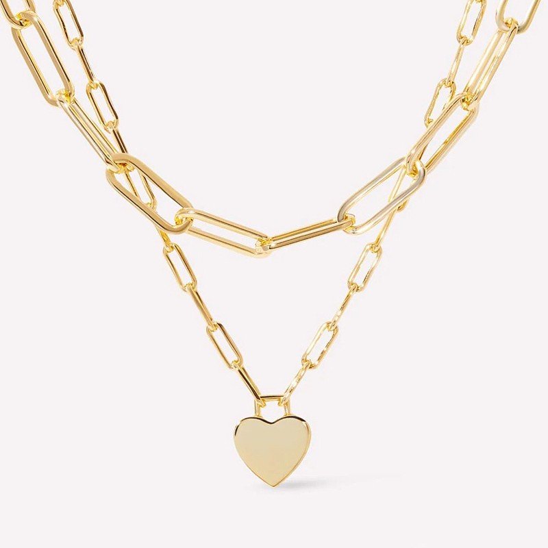 Gold Heart Layered Paperclip Link Chain Necklace - 18K Stainless Steel Tarnish Free - Lavender Hills BeautyJosslyn by Wall to Wall40NK9429