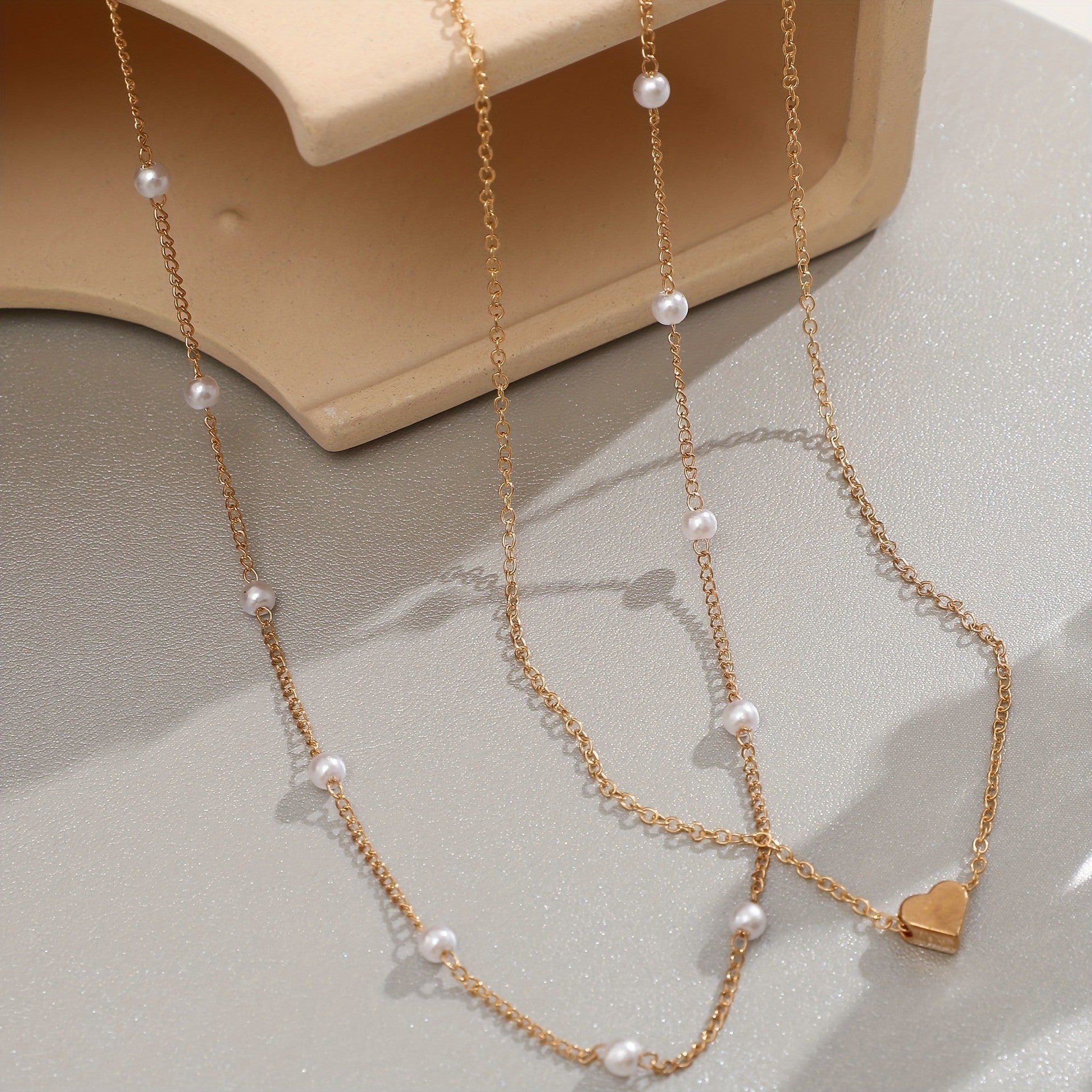 Gold Heart & Pearl Layered Necklace - 18K Stainless Steel Tarnish Free - Lavender Hills BeautyJosslyn by Wall to Wall40NK9436