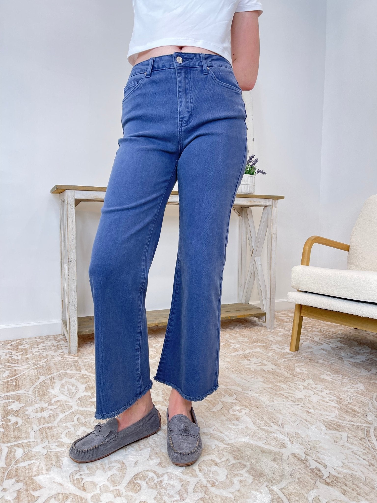 Acid Wash High Rise Cropped Bootcut Jeans Pants - Lavender Hills BeautyZenana