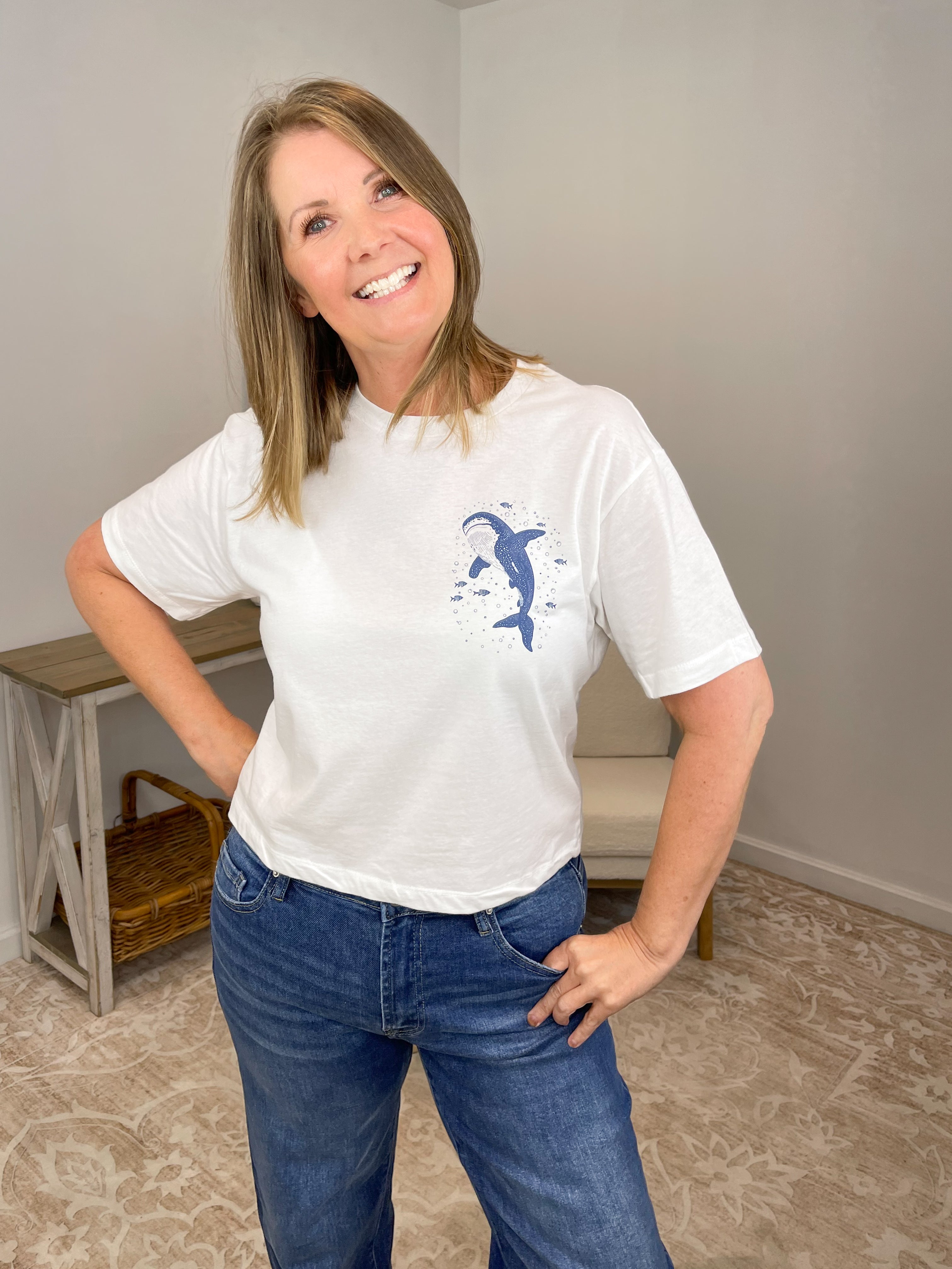 Deep Waters Whale Shark Crop Tee | Retro Isaiah 43:2 Christian Beach Shirt