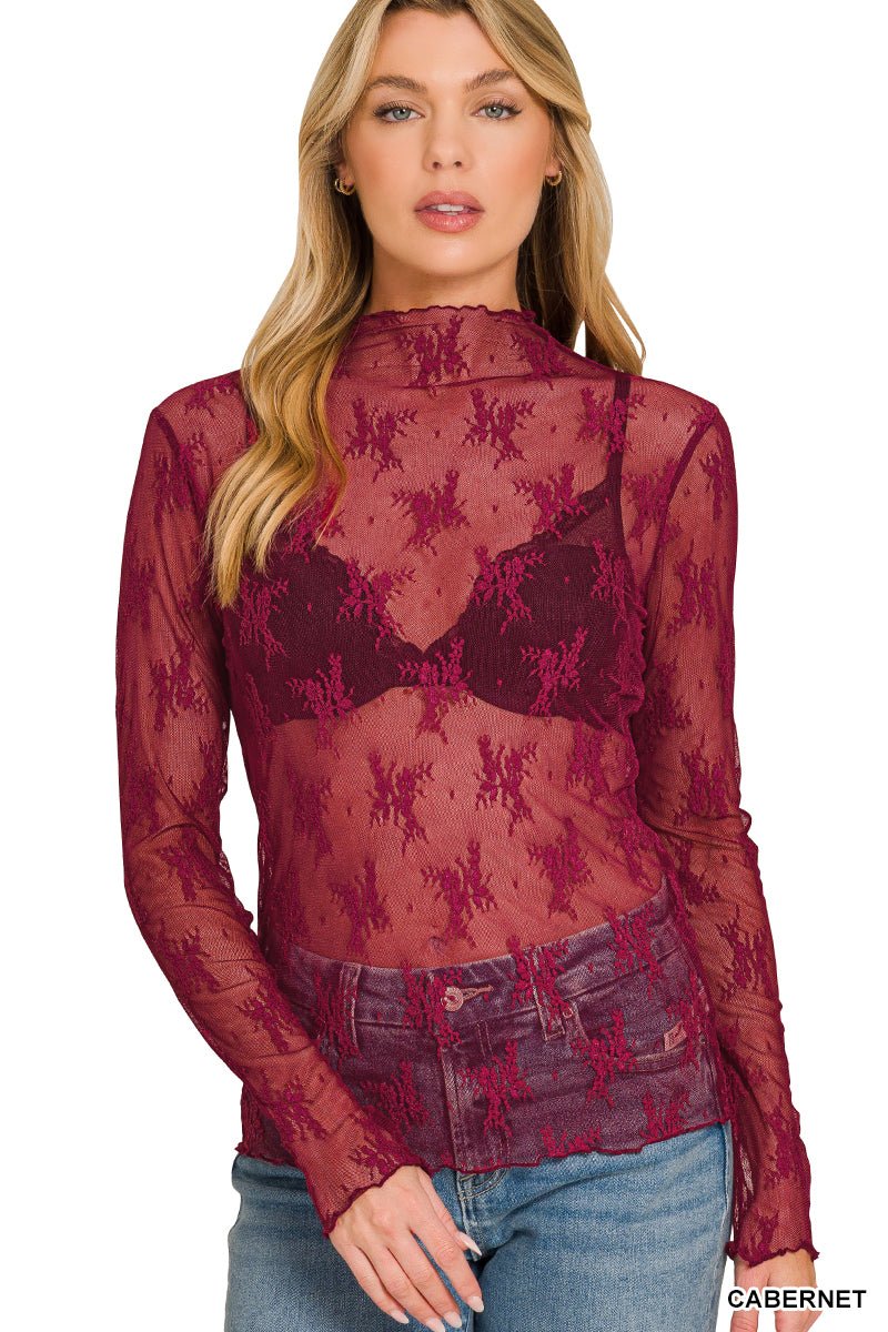 Lace Sheer Mesh Layering Long Sleeve Top Shirt - Lavender HillsZenana
