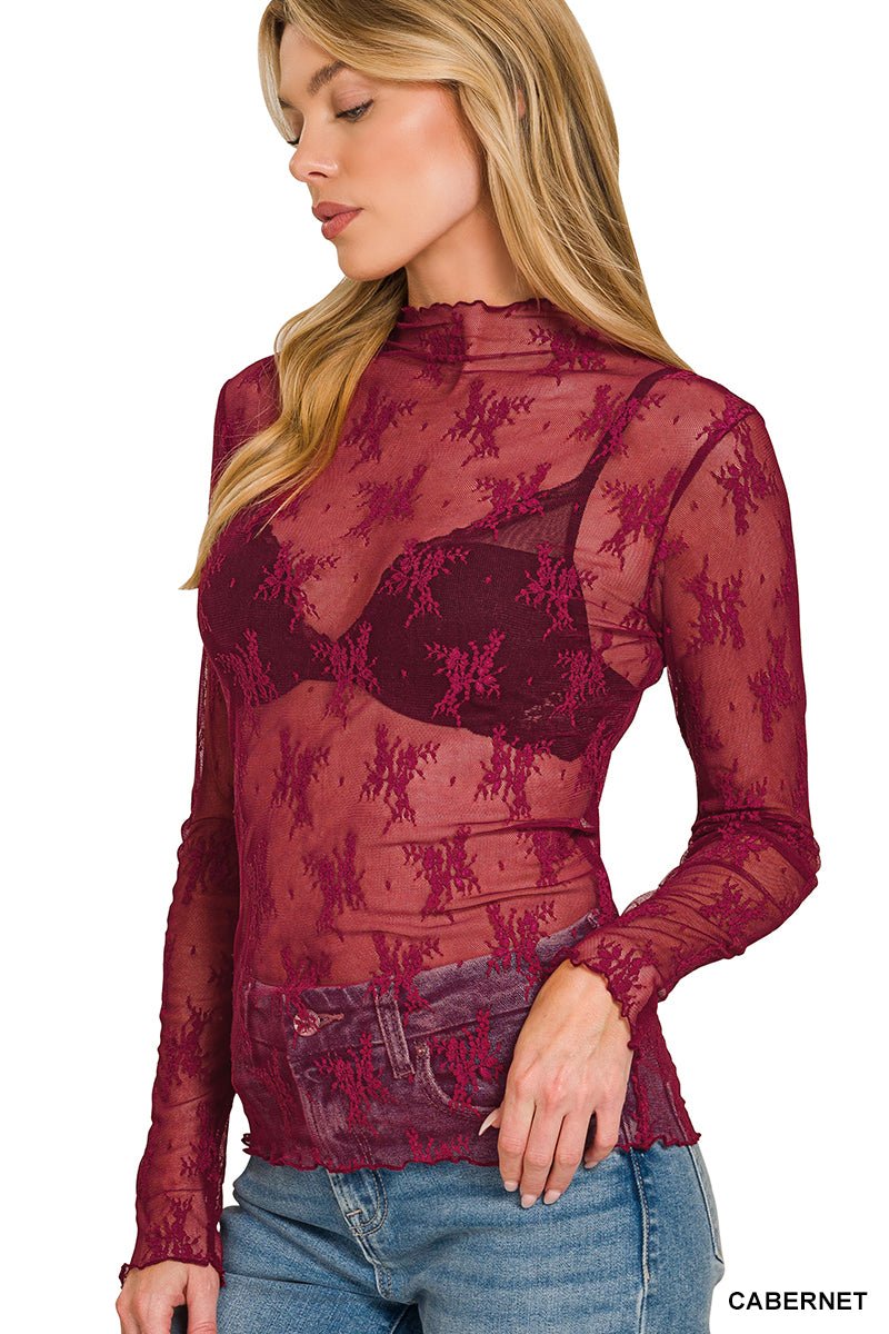Lace Sheer Mesh Layering Long Sleeve Top Shirt - Lavender HillsZenanaLT-6343Y-DKOLV-S
